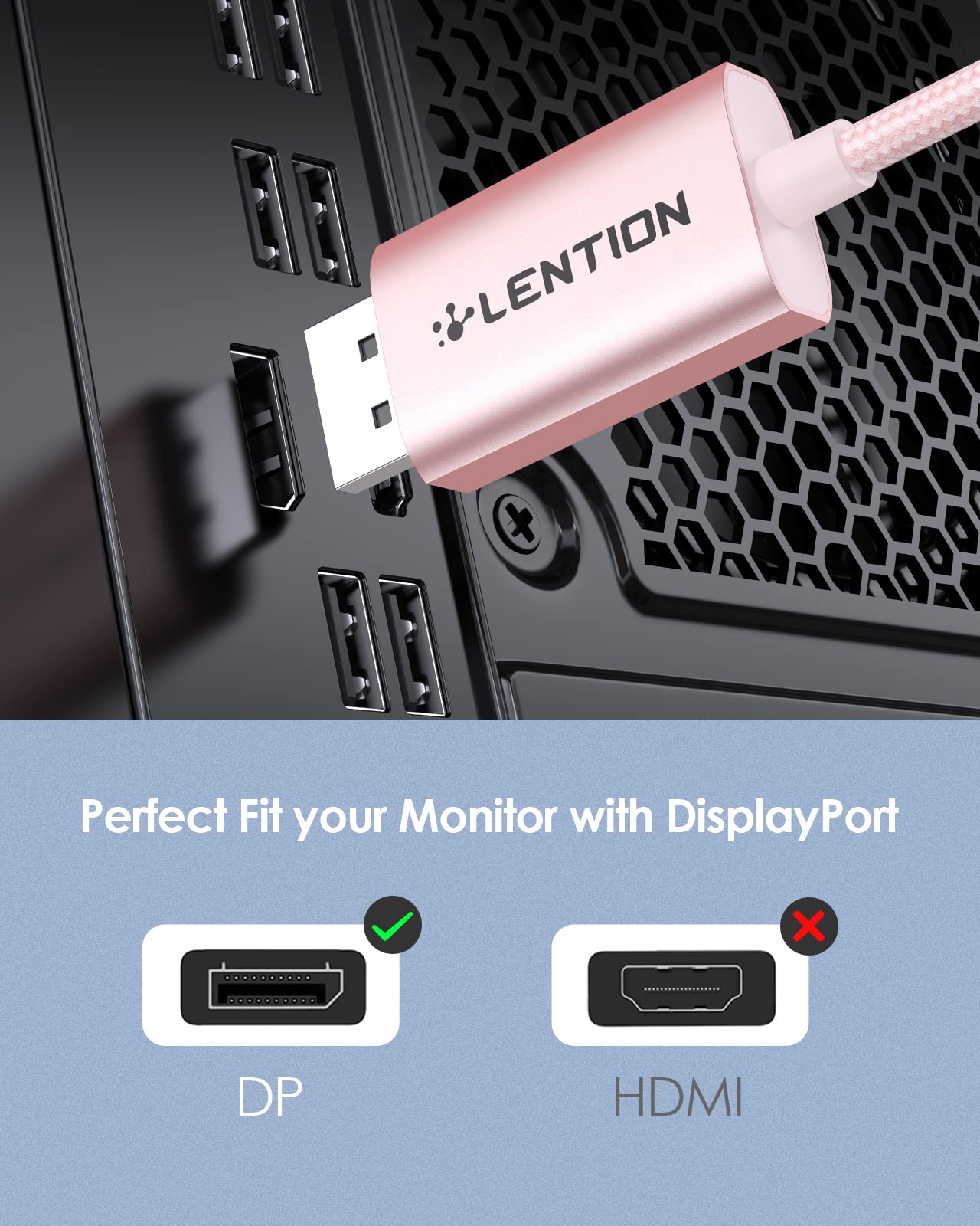 LENTION 6FT USB C to DisplayPort Cable Adapter - 4K@60Hz, 2K@165Hz - Compatible with MacBook Pro/Air, iPad, Surface, Dell XPS, Windows & Linux (CB-CU708-2M, Rose Gold) - Perfect for Home Office, Gaming & 4K Video Streaming