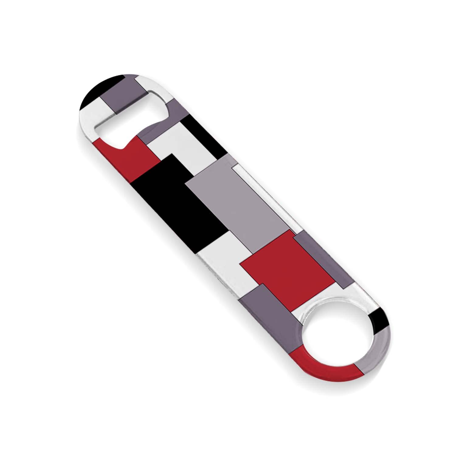 Heavy Duty Stainless Steel Flat Bottle Opener - 7 Inch Bartender Tool with Red & Black Geometric Pattern - Perfect for Bars, Home Use, and Outdoor Parties