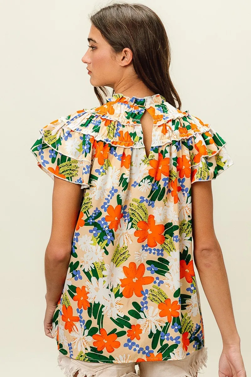 BiBi Women's Floral Print Woven Blouse - Casual Short Sleeve Summer Tops for Beach, Vacation & Everyday Wear