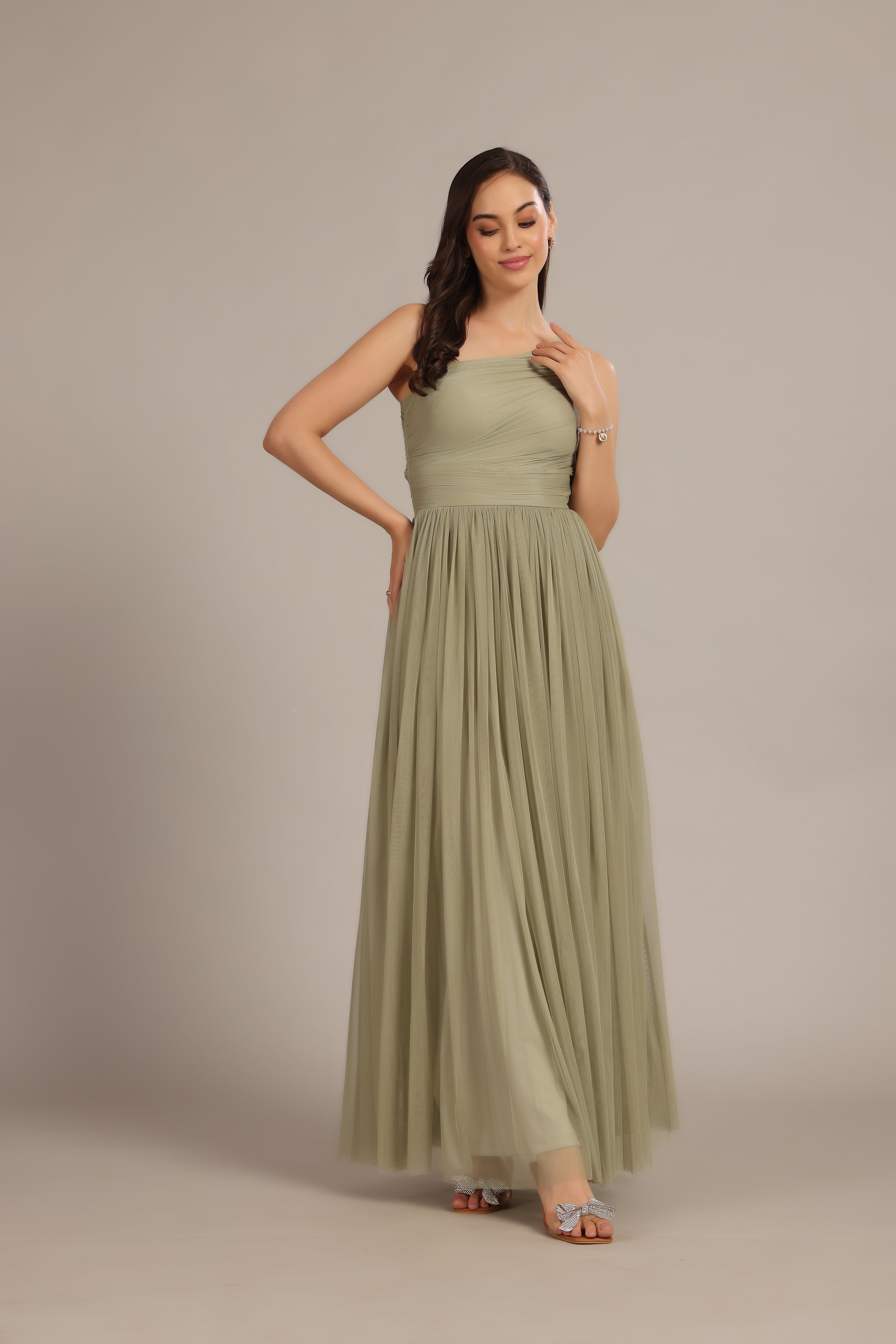 Elegant One Shoulder Maxi Dress in Dusty Sage Green - Perfect for Beach Vacations, Summer Weddings & Evening Parties