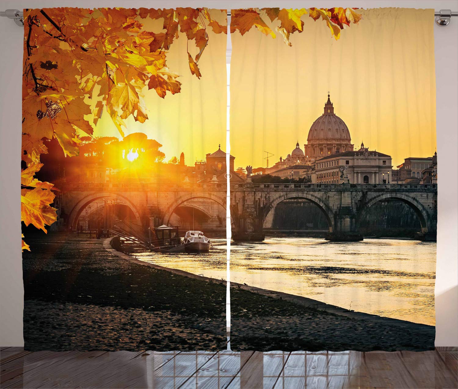 Ambesonne Autumn Curtains - Sunset at Tiber River St. Peter Rome Italy Europe Scenic Print, 2 Panel Window Drapes 108