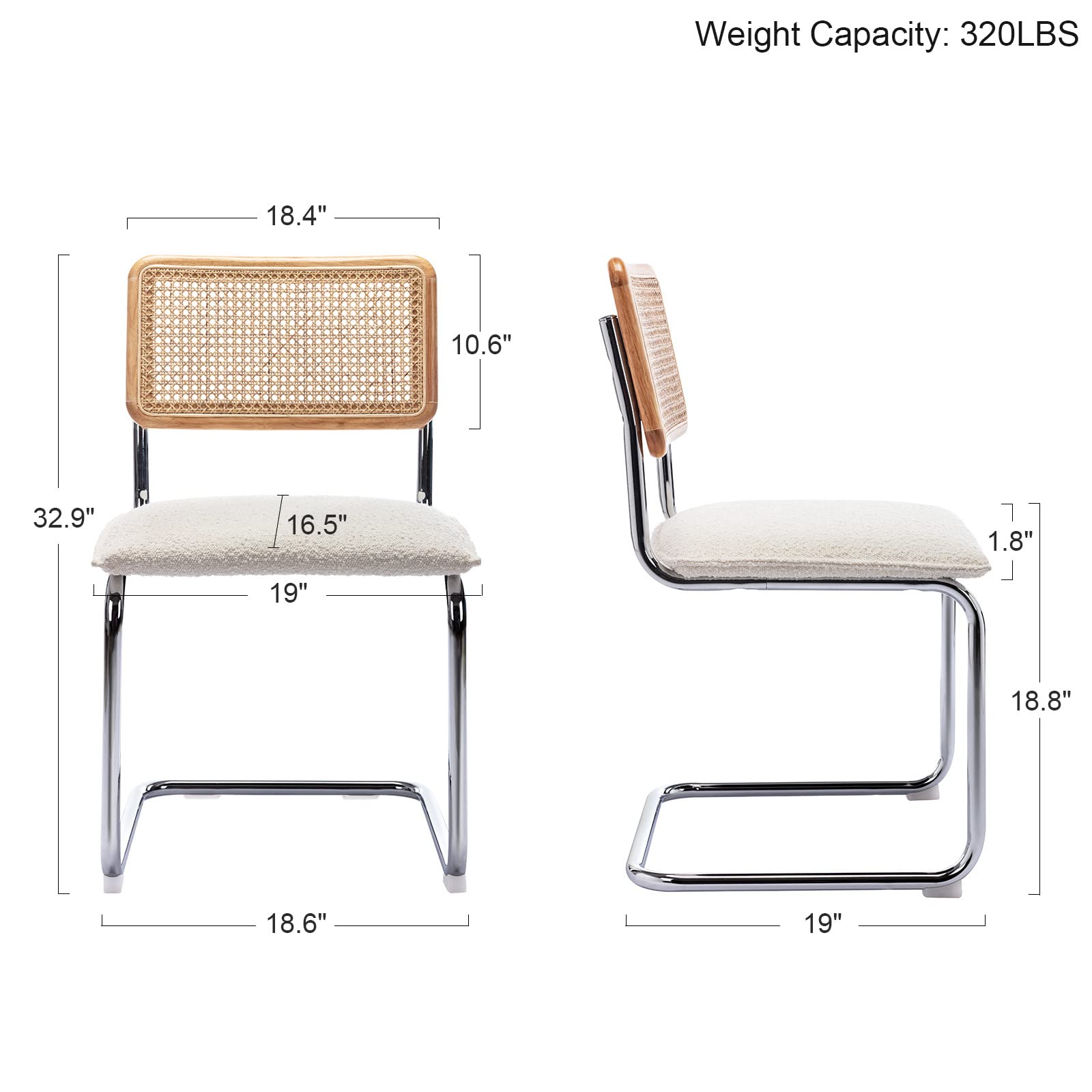 ONEVOG Set of 2 Upholstered Boucle Dining Chairs - Sturdy Rubber Wood Frame with Natural Cane Back & Chrome Base - Comfortable Kitchen Chairs for Dining Room, Club, Waiting Room, Restaurant, Office or Home Decor