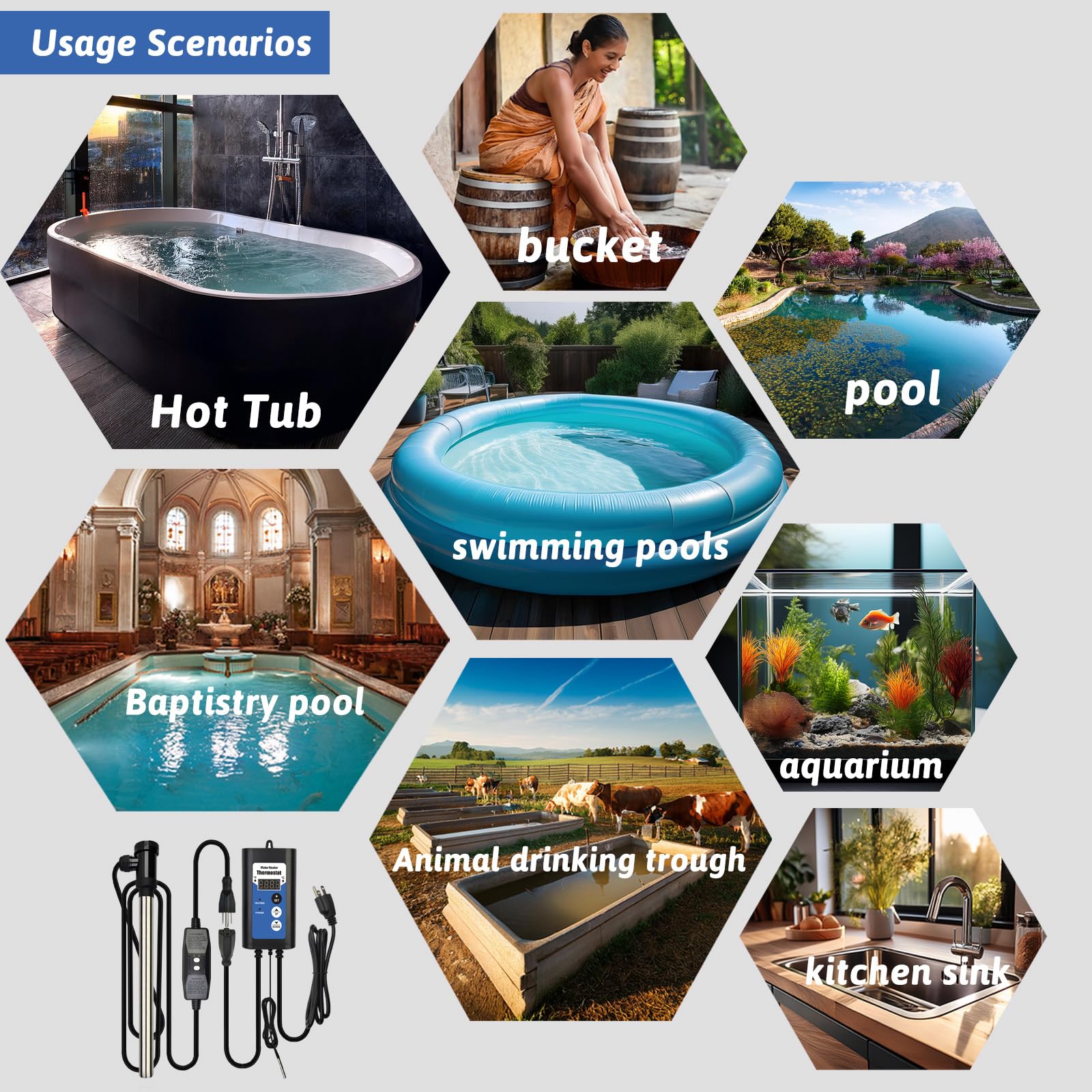 1000W Portable Immersion Water Heater - Submersible Electric Heater with Thermostat & GFCI Protection for Hot Tubs, Bathtubs, Buckets, Pools - Fast Heating for Spa, Livestock Water Troughs, and Home Use