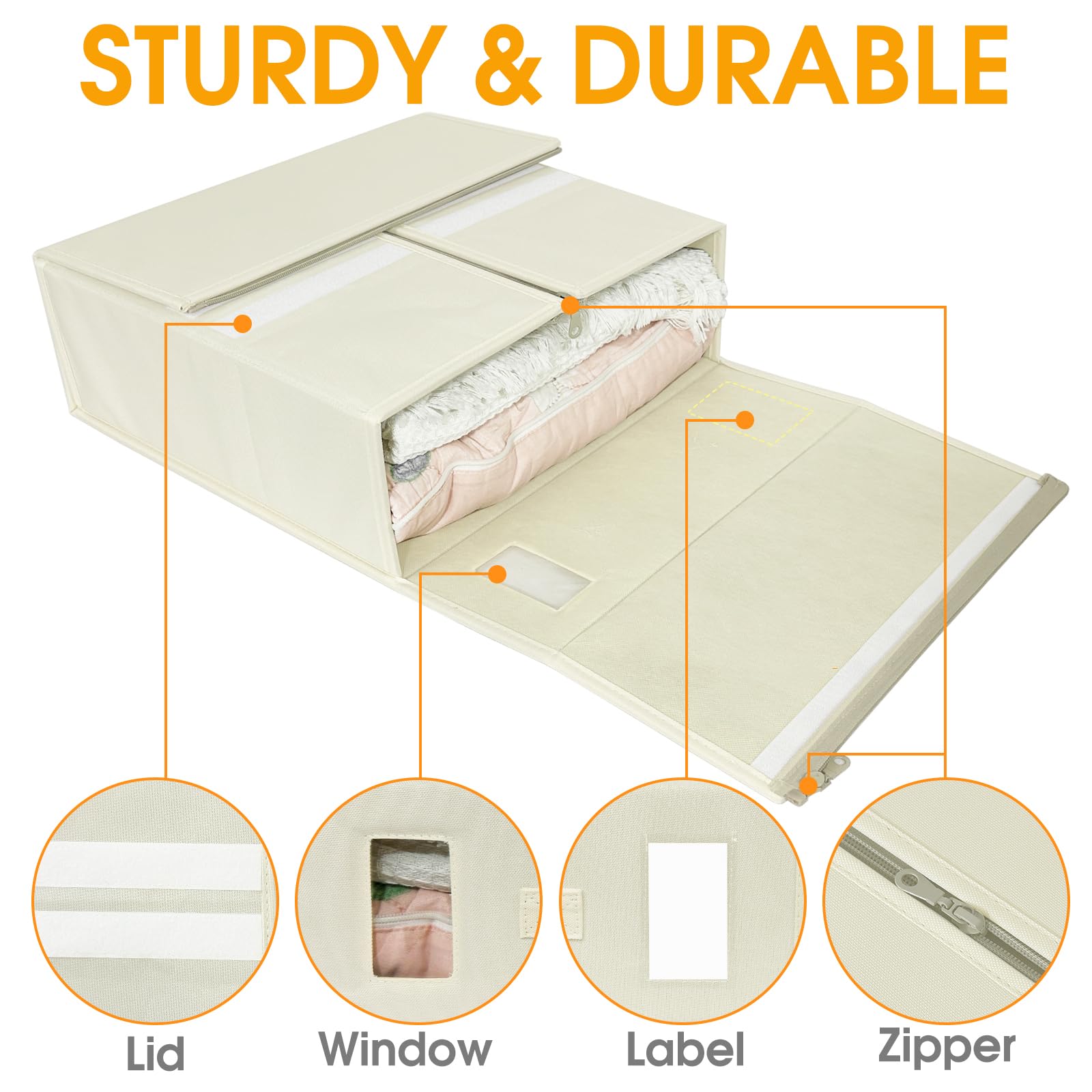 4C'Son Foldable DOUBLE ZIPPERS Bed Sheet Organizer - 2 Pack Fabric Storage Bins for Bed Sheets & Linen - Closet Organizer with Window & EXTRA STURDY Handle (Ivory) | Perfect for Bedroom, Nursery & Travel Storage Solutions