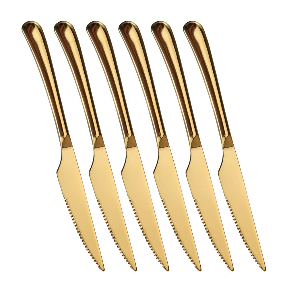 Premium 6-Piece Gold Stainless Steel Steak Knife Set - Sharp Restaurant-Grade Cutlery for Steakhouse, BBQ, Fine Dining & Home Kitchen Use