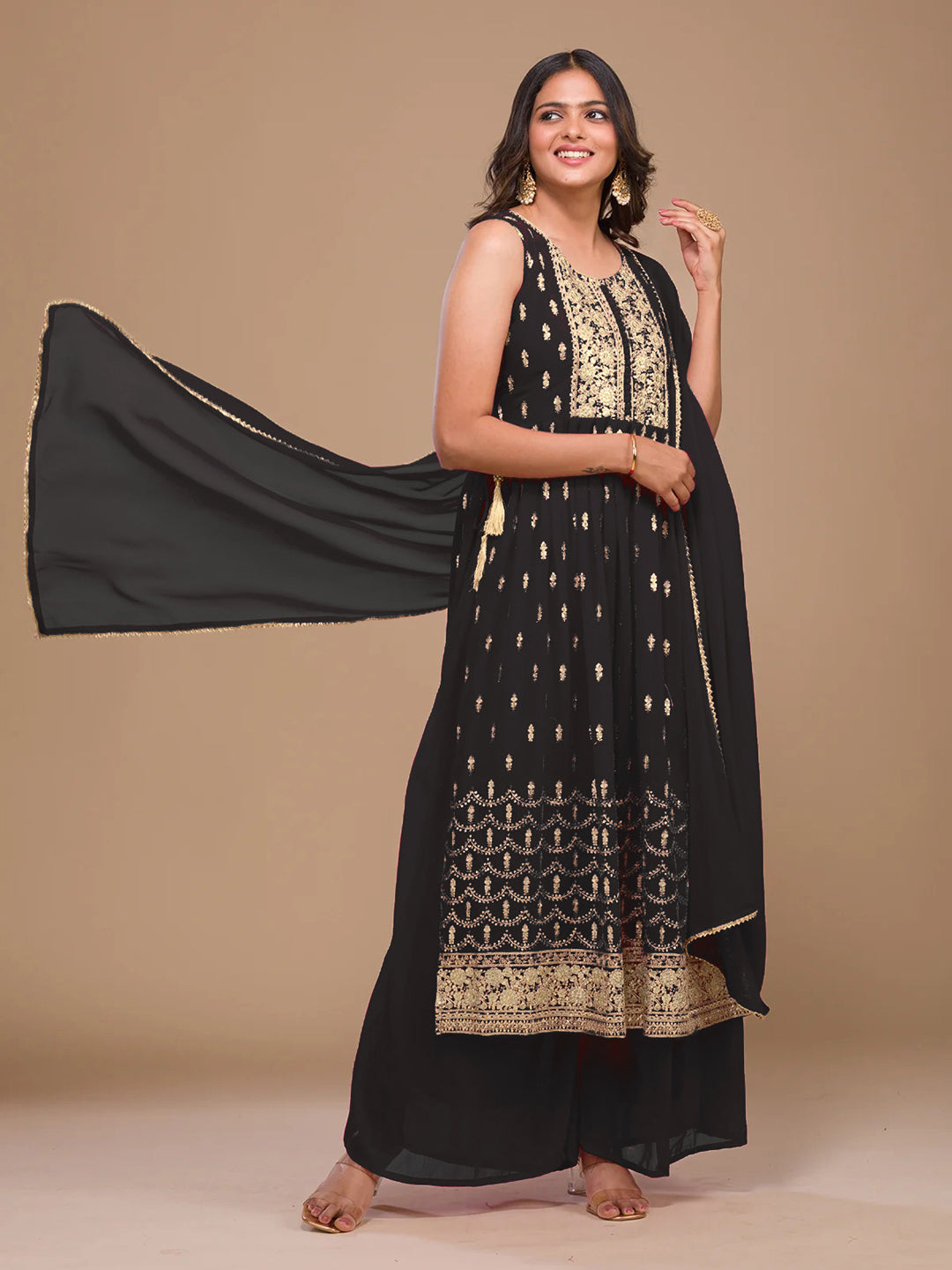 Elegant Black Pakistani Palazzo Suit with Embroidery & Sequins - Traditional Ready-to-Wear Outfit for Women - Perfect for Weddings, Parties & Festive Occasions