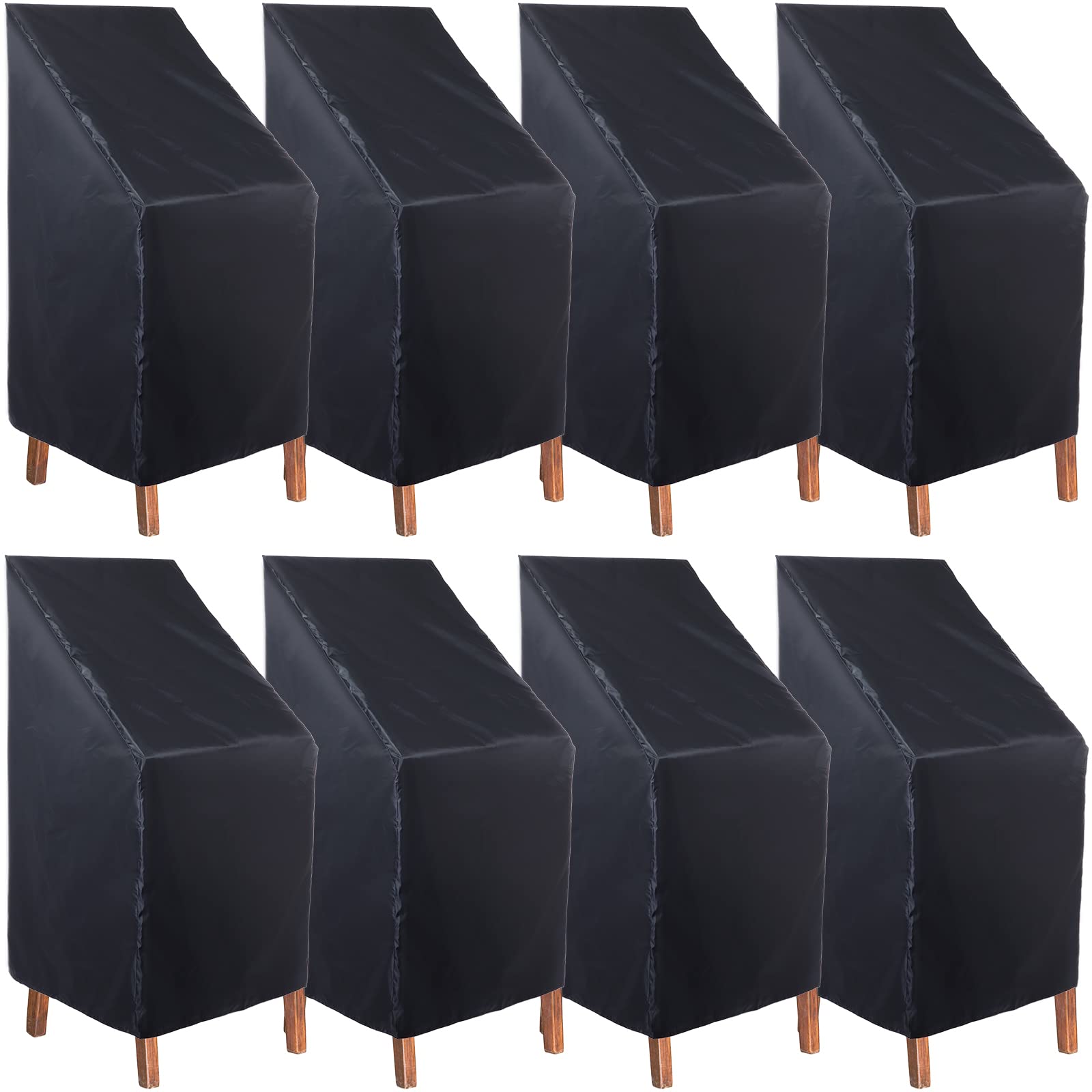Woanger 8-Pack Black Waterproof Outdoor Chair Covers - 210D Oxford Fabric High Back Patio Furniture Protectors (25x25x47 Inch) with Storage Bag - Perfect for Stacking Chairs, Garden, Deck & Poolside Use