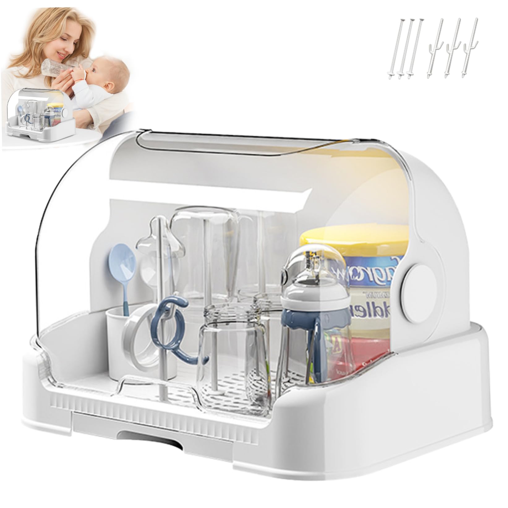 **Large Baby Bottle Organizer with Cover & Removable Drain Tray - Dustproof Portable Baby Bottle Drying Rack for Kitchen Cabinet - Perfect for Baby Bottle Storage & Organization**    *(Use Case: Ideal for organizing baby bottles, pacifiers, and accessories in nurseries, kitchens, or daycare centers.)*