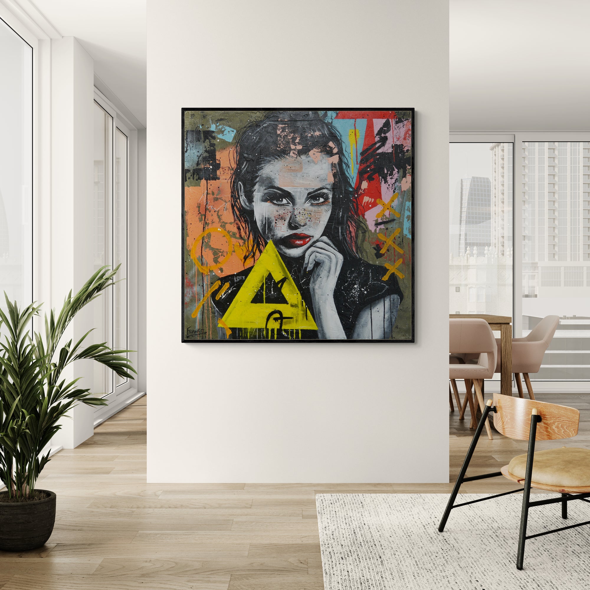 Jocelyn 90x90cm Framed Concrete Textured Street Art Canvas Painting - Modern Urban Wall Decor for Living Room, Bedroom & Office