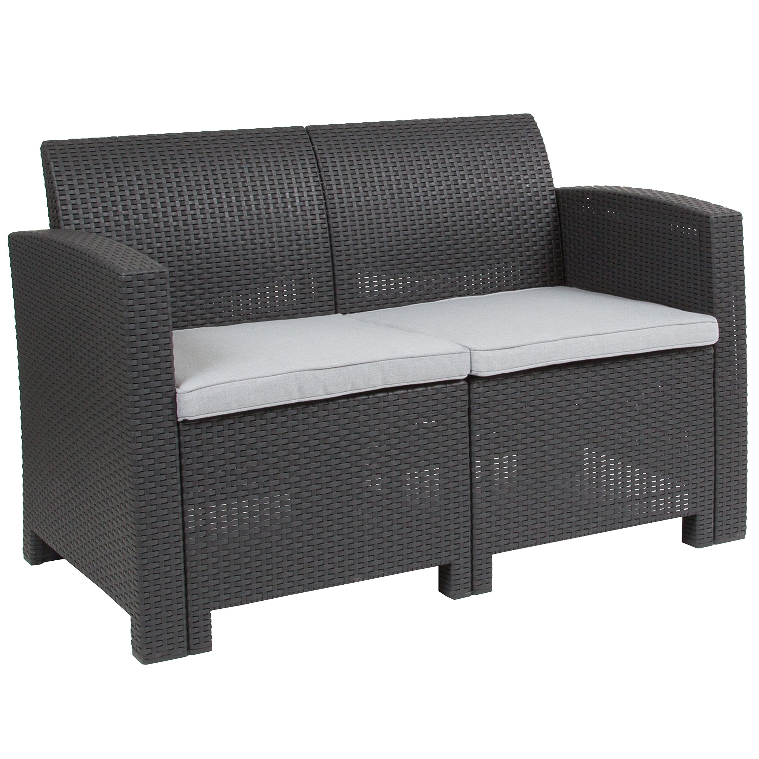Flash Furniture Seneca Dark Gray Faux Rattan Loveseat with All-Weather Light Gray Cushions - Outdoor Patio, Garden, Poolside Seating for Backyard & Porch