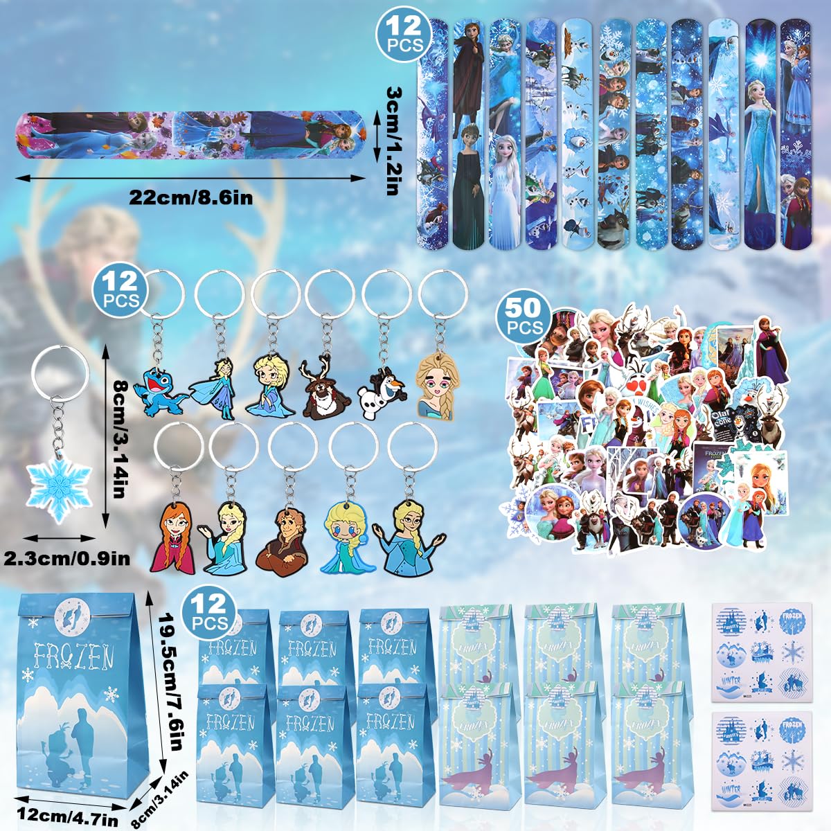 Frozen Birthday Party Favors for Kids - Girls Party Favor Set with Bracelets, Keychains, Stickers & Gift Bags | Perfect for Disney Themed Birthday Parties, Baby Showers & Frozen Themed Events
