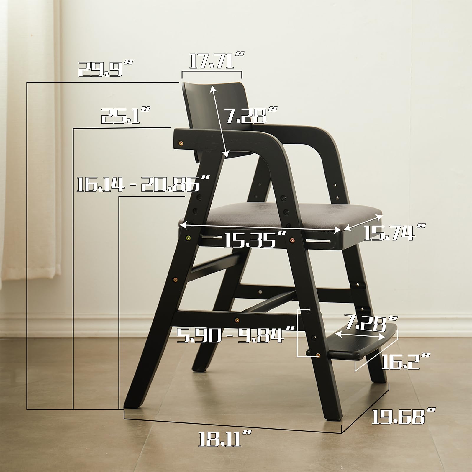 **Solid Wood Toddler High Chair - Adjustable Height Baby Dining & Study Chair for Kids - Perfect for Mealtime, Learning & Play at Home**