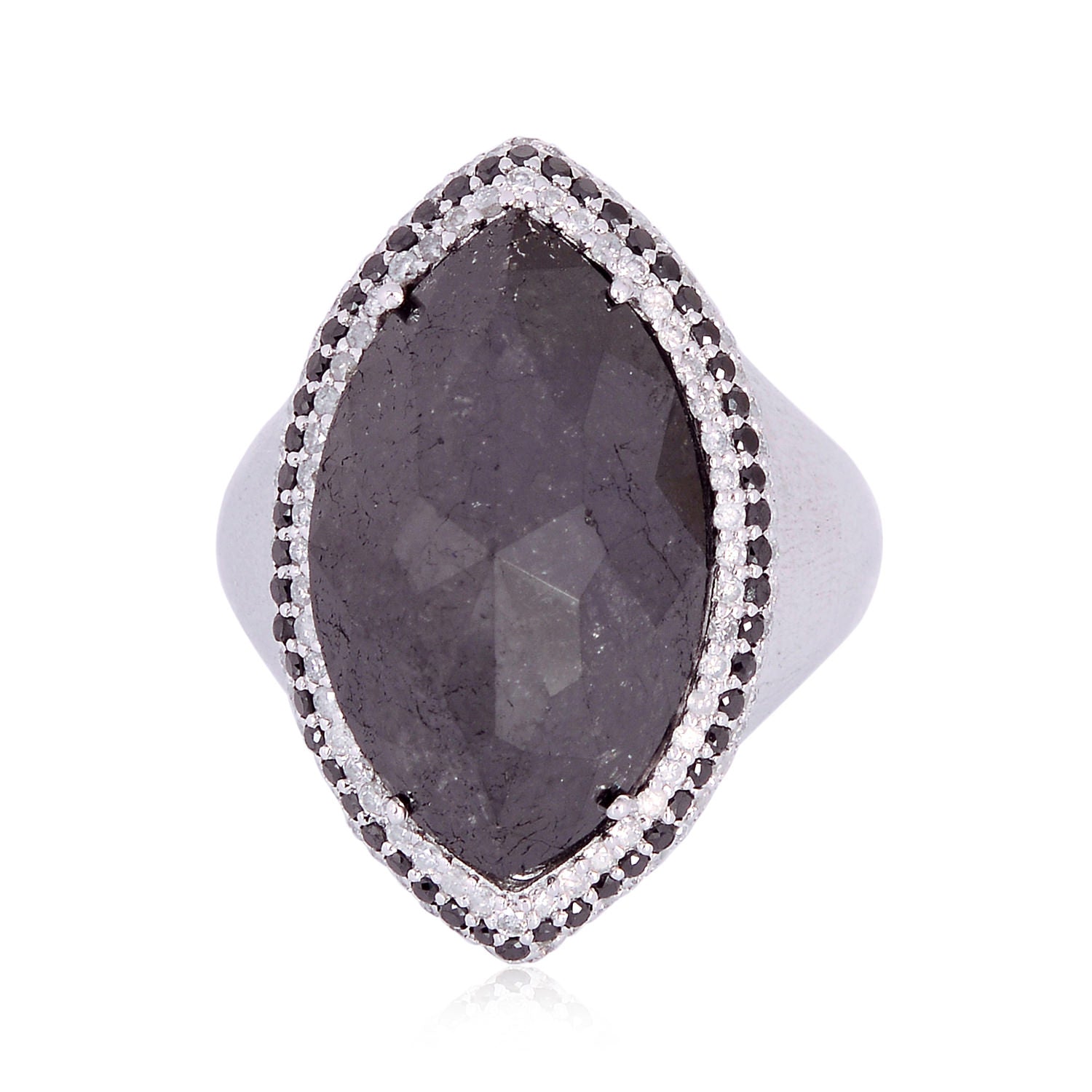 18K White Gold Marquise Cut Black & White Diamond Cocktail Ring for Women - Elegant Evening Party, Anniversary & Wedding Jewelry Gift