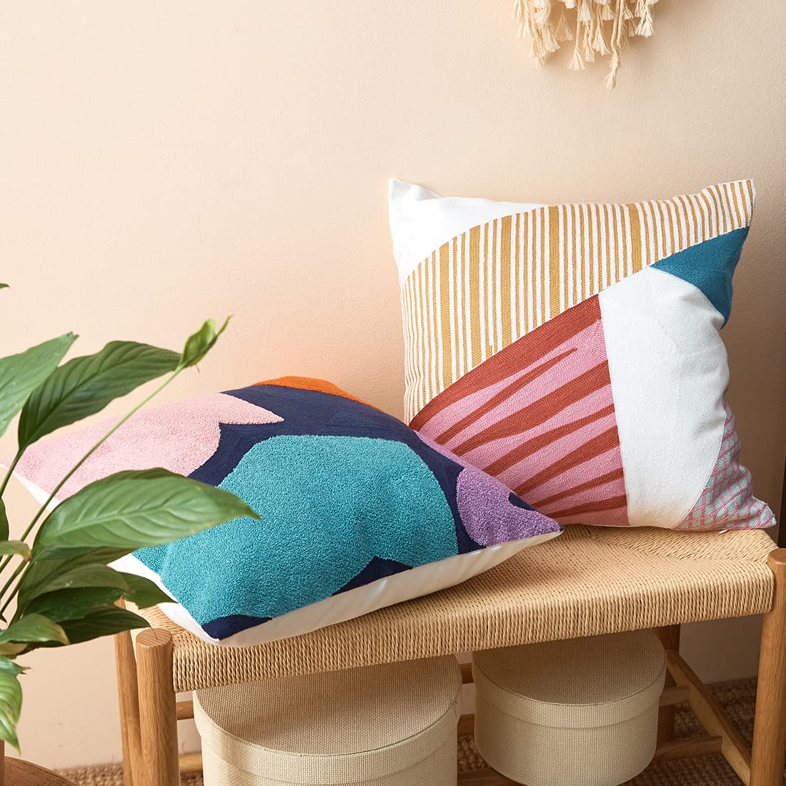 Boho Geometric Tufted Decorative Throw Pillow Cover - Farmhouse Cotton Embroidery Accent Square Cushion Case for Couch, Sofa & Bed (18