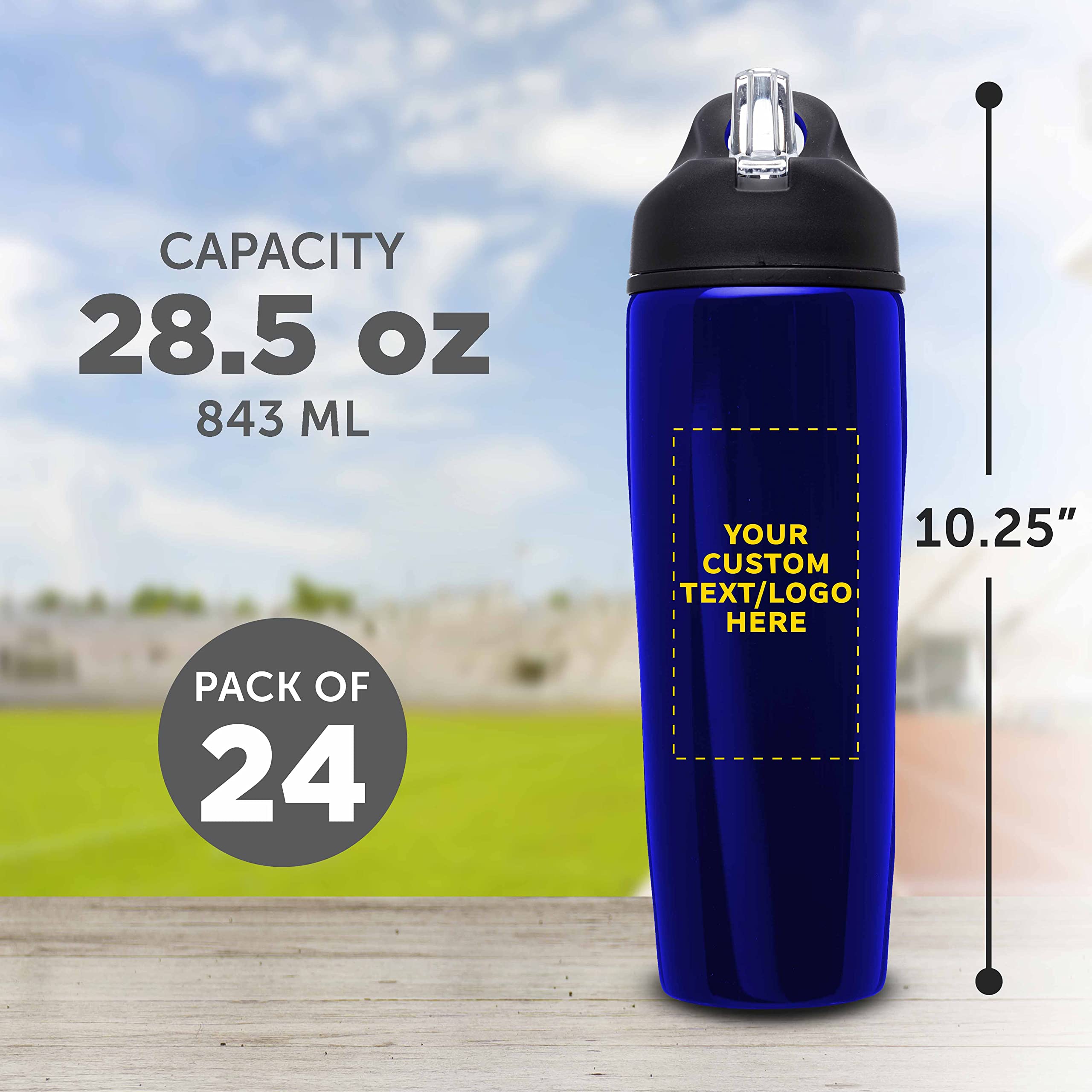 Custom Stainless Steel Water Bottles 24 Pack - Personalized Text & Logo - 28.5oz Metal Sports Bottles with Flip Top Lid - Leakproof & Easy Carry - Bulk Blue Water Bottles for Gym, Office, School & Outdoor Activities