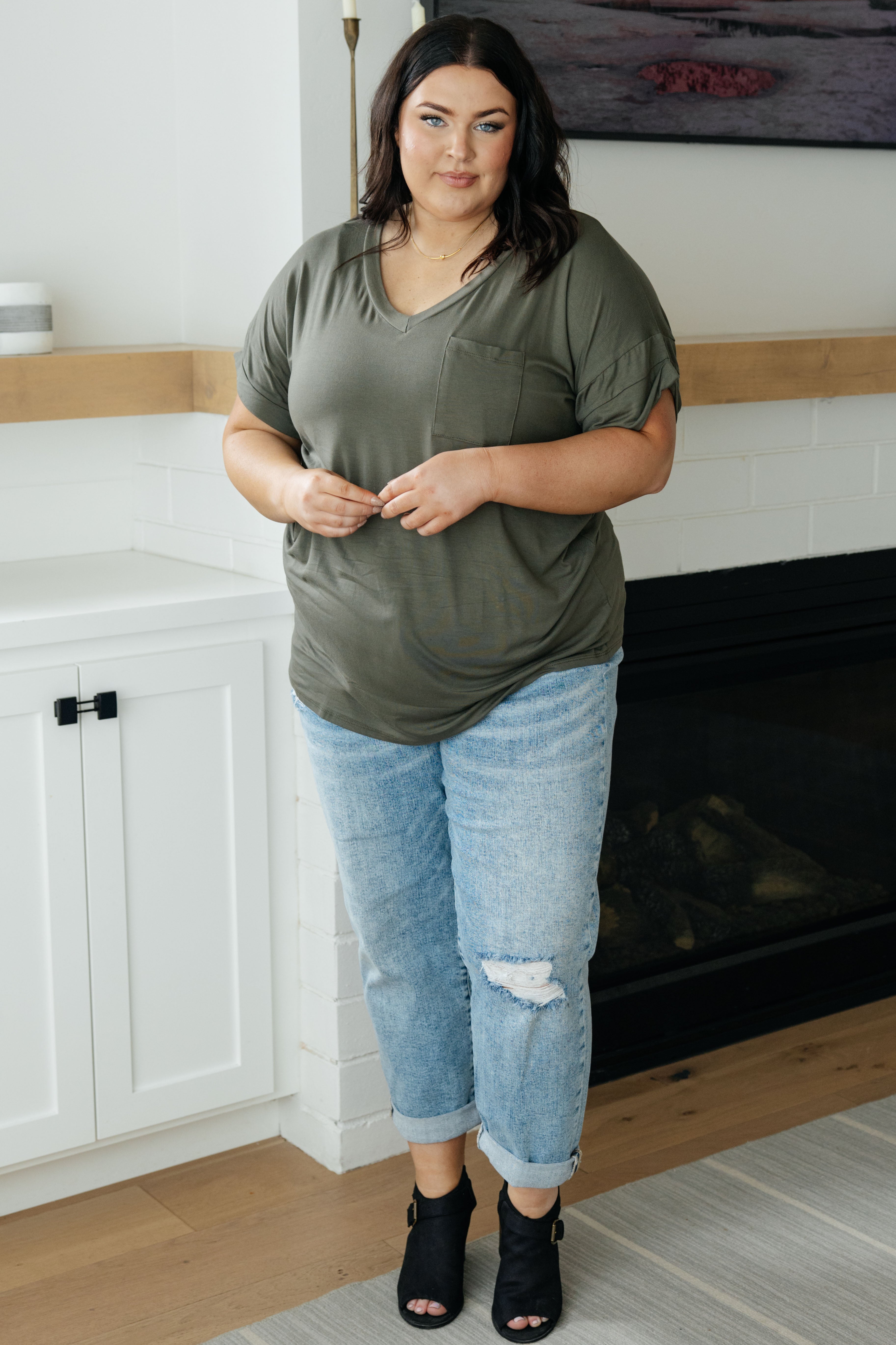 Absolute Favorite V Neck Top in Olive - Women's Casual Comfortable T-Shirt for Everyday Wear, Work & Outings