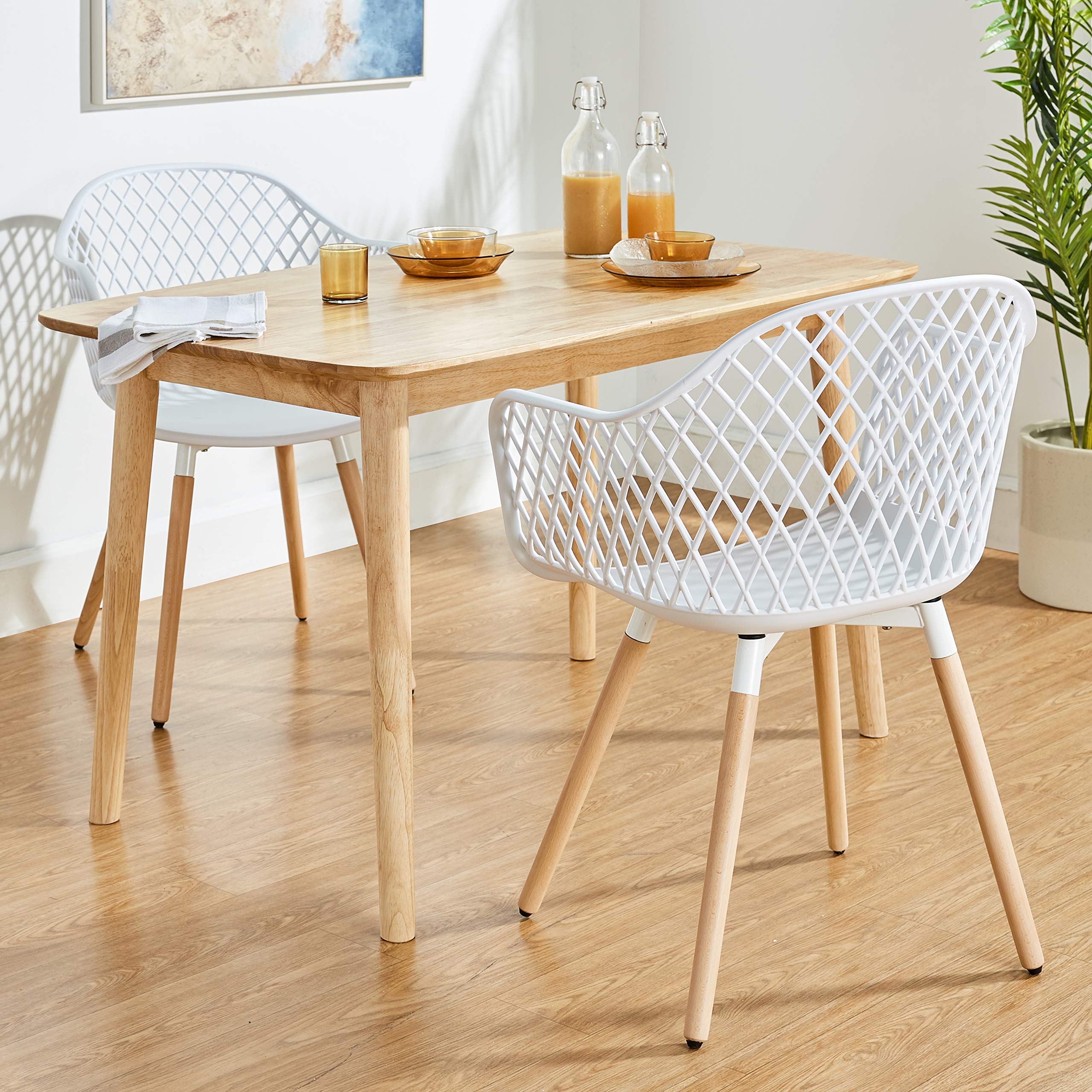 Modern Mid Century Plastic Shell Armchair with Natural Wood Legs - Set of 2 White Hollow Out Chairs for Living Room, Bedroom, Dining & Office - Easy Assembly Home Decor Furniture for Relaxing & Entertaining