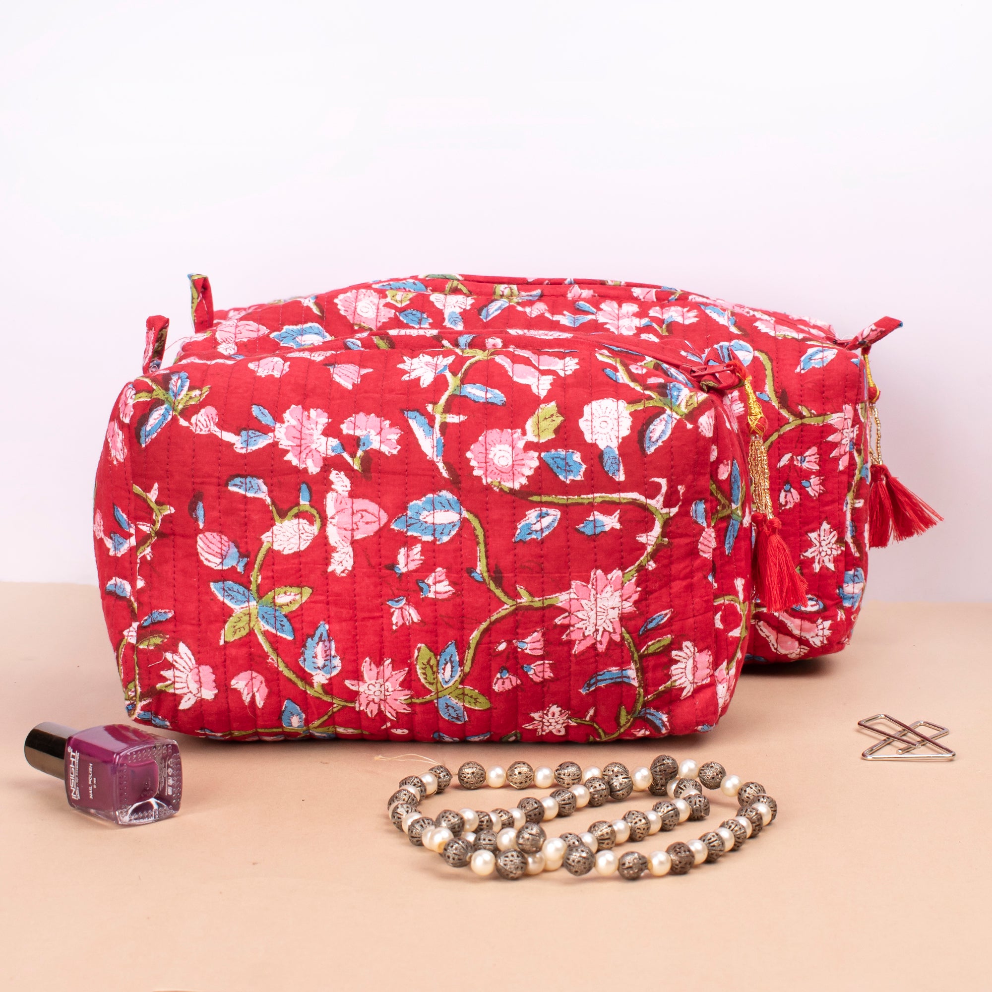 Block Print Makeup Bag Set of 3 - Quilted Cosmetic & Toiletry Organizer for Women - Travel Makeup Pouch & Vanity Case - Perfect for Travel, Gym, and Daily Beauty Essentials