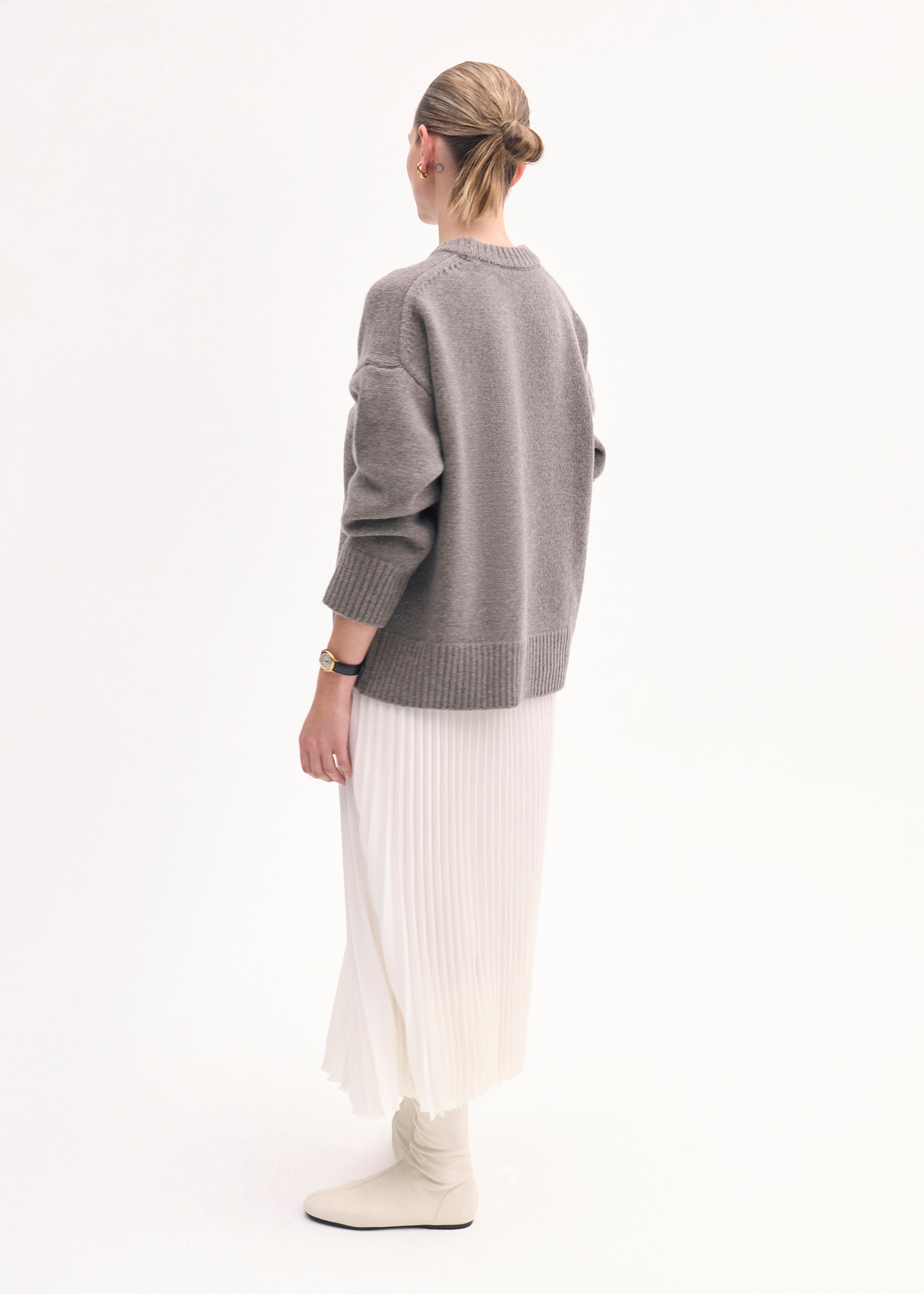 Stretchy Pleated Elastic Waist Skirt in Ivory Crepe Fabric - Perfect for Work, Date Night & Casual Outings