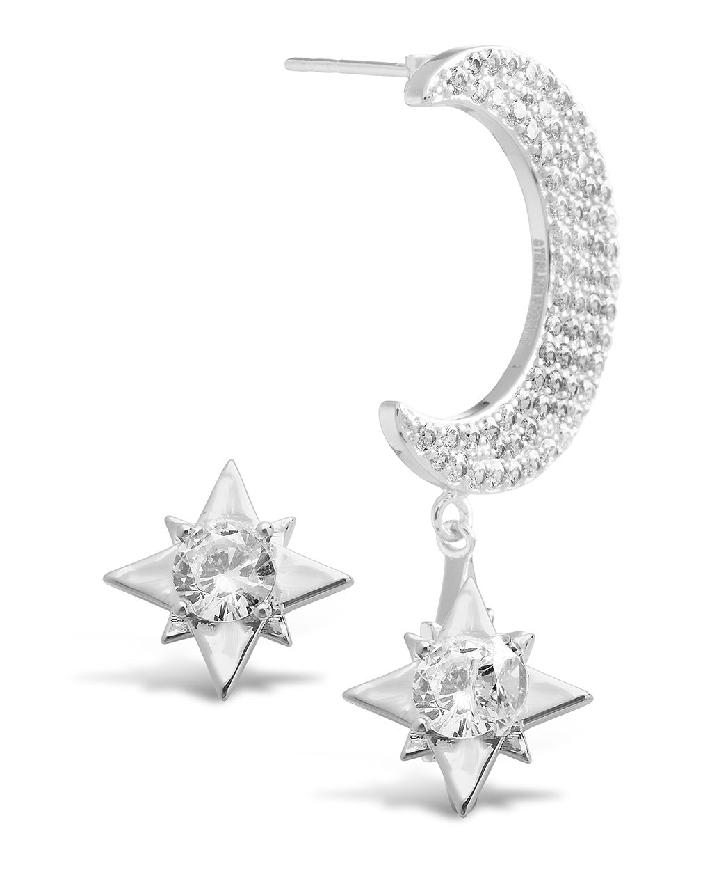 Asymmetric CZ Burst & Crescent Drop Stud Earrings for Women - Sparkling Cubic Zirconia Dangle Earrings for Party, Wedding & Evening Wear