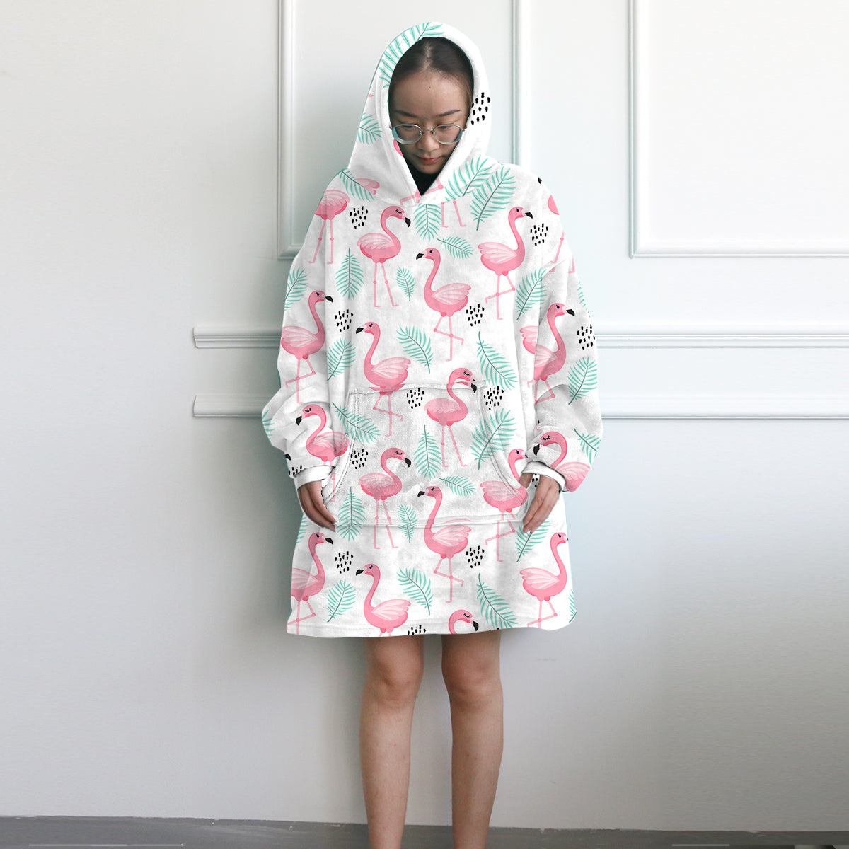 Flamingo Delight Wearable Blanket Hoodie - Soft Cozy Fleece Lounge Wear for Women & Men - Perfect for Netflix Nights, Camping & Winter Relaxation
