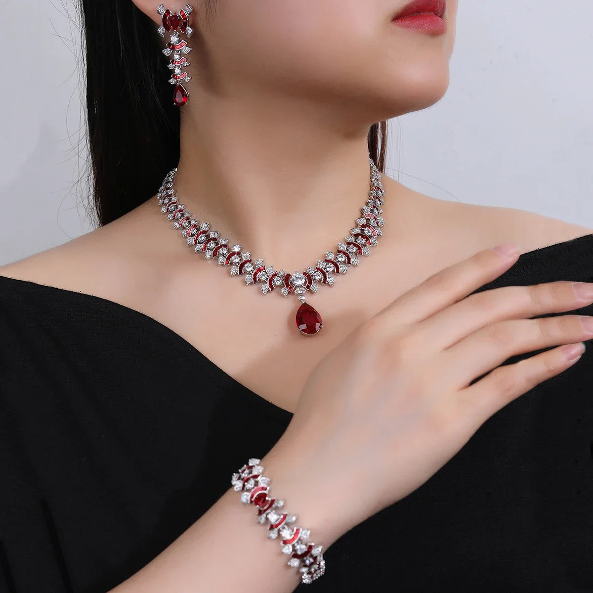 Elegant Cubic Zirconia Jewelry Set - Necklace, Earrings & Bracelet in 4 Colors | Bridal Wedding Jewelry | Perfect for Weddings, Parties & Special Occasions