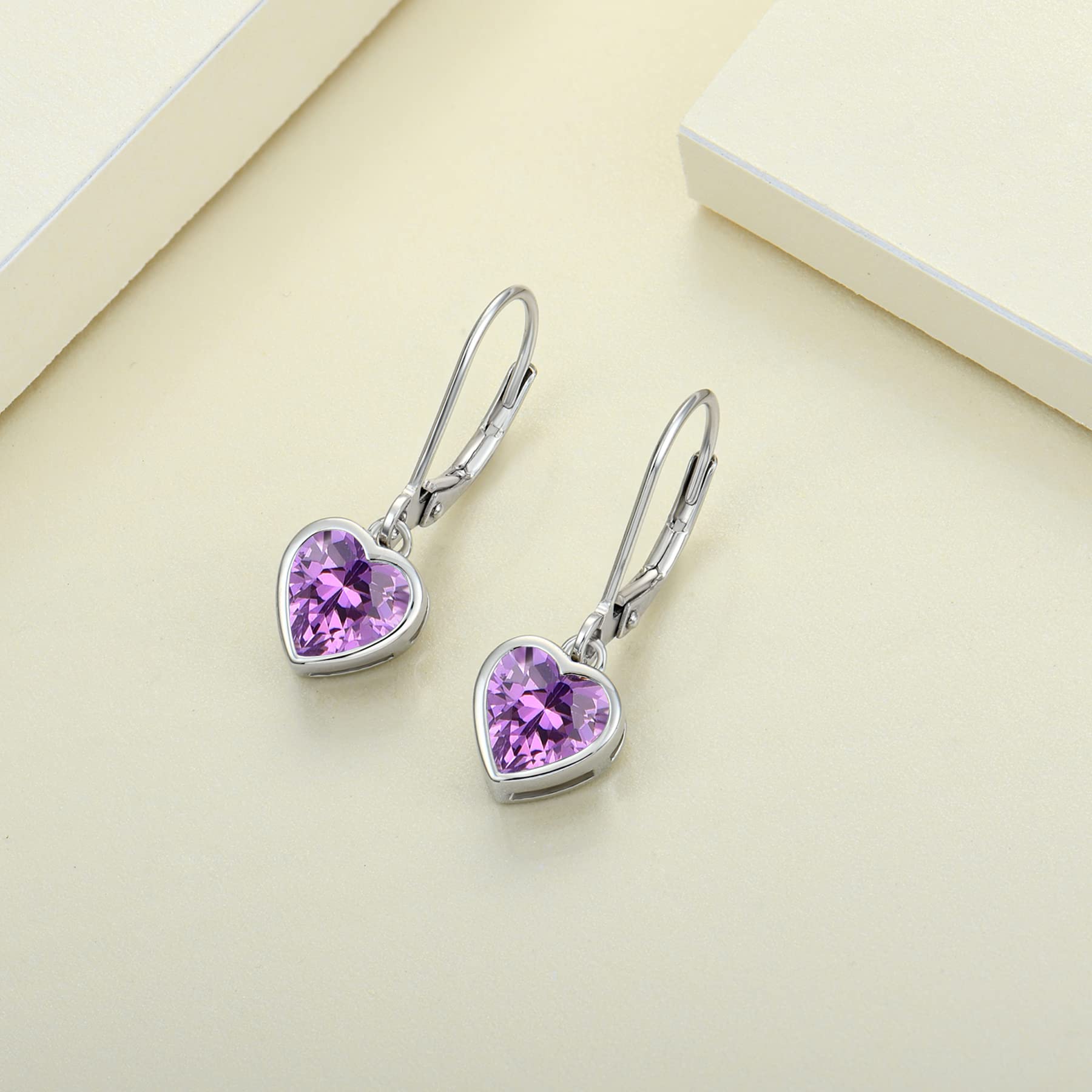 925 Sterling Silver Heart Cut Solitaire Dangle Drop Earrings with Birthstone - Leverback Jewelry for Women | Perfect for Valentine's Day, Anniversary Gifts & Everyday Elegance