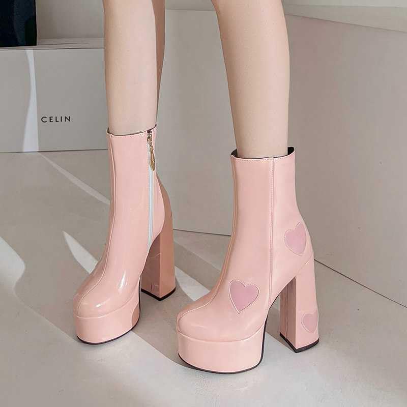 Women's Chunky High Heel Boots with Side Zipper - PU Leather Stretch Platform Boots for Comfort & Style - Perfect for Night Out, Party & Winter Fashion