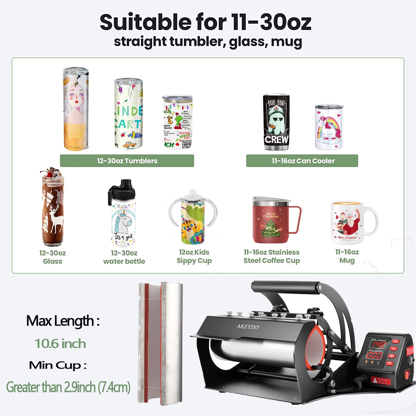 AKEYDIY Tumbler Heat Press Machine for 11oz-30oz Sublimation Tumblers - Straight & Skinny Cup Press for Glass Jars, Cans, Mugs - DIY Heat Transfer Vinyl Press - Perfect for Custom Drinkware, Gifts & Small Business Use