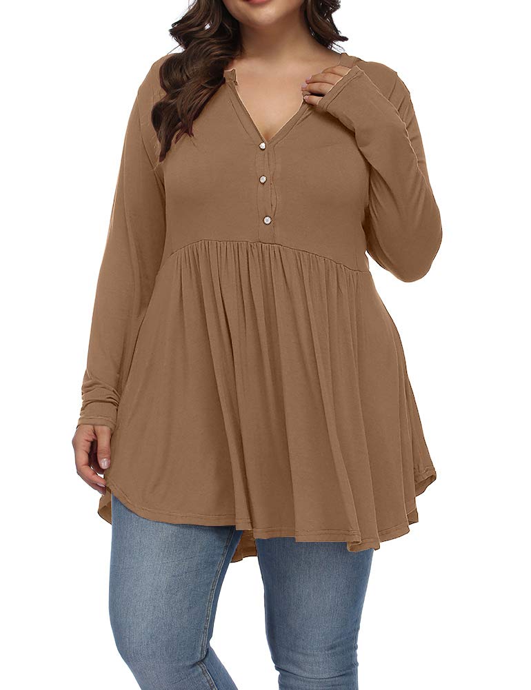 ALLEGRACE Women's Plus Size Henley V-Neck Button Tunic Top - Long Sleeve Flowy Swing Shirt for Casual Wear, Office & Date Night Outfits