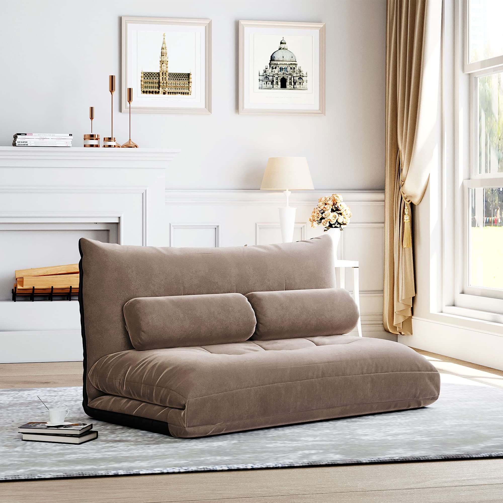 Adjustable Folding Futon Sofa Bed - Convertible Gaming & Lounge Sofa with 2 Pillows for Living Room, Bedroom, Apartment & Small Spaces (Light Brown) | Perfect for Video Gaming, Guest Sleeping & Space-Saving Solutions