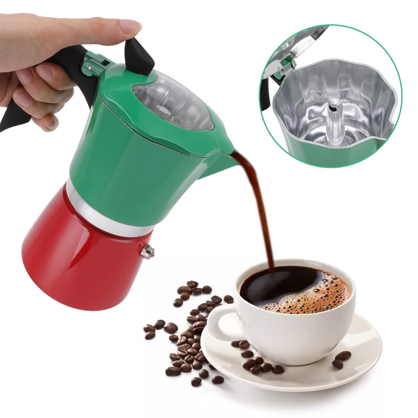 Classic Stovetop Espresso Maker - 300ML Travel Coffee Pot for Espresso & Brewing (Green/Red, No.6) - Perfect for Camping, Home & Office Use