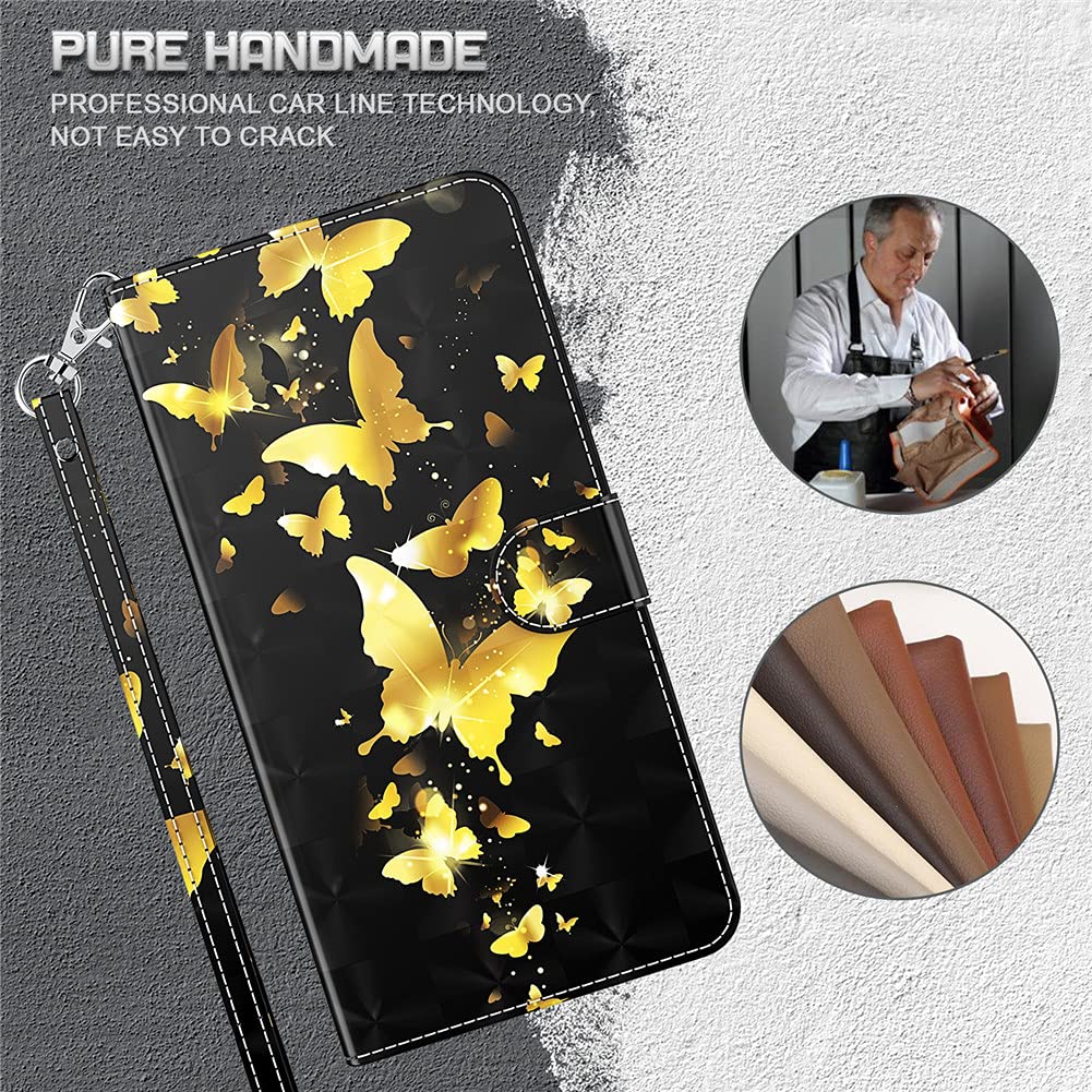 Premium Leather Flip Wallet Case for Samsung Galaxy A50 - Magnetic Closure, Card Holder & Kickstand | Cute Gold Butterfly Pattern | Protective Phone Cover for Everyday Use, Travel & Business