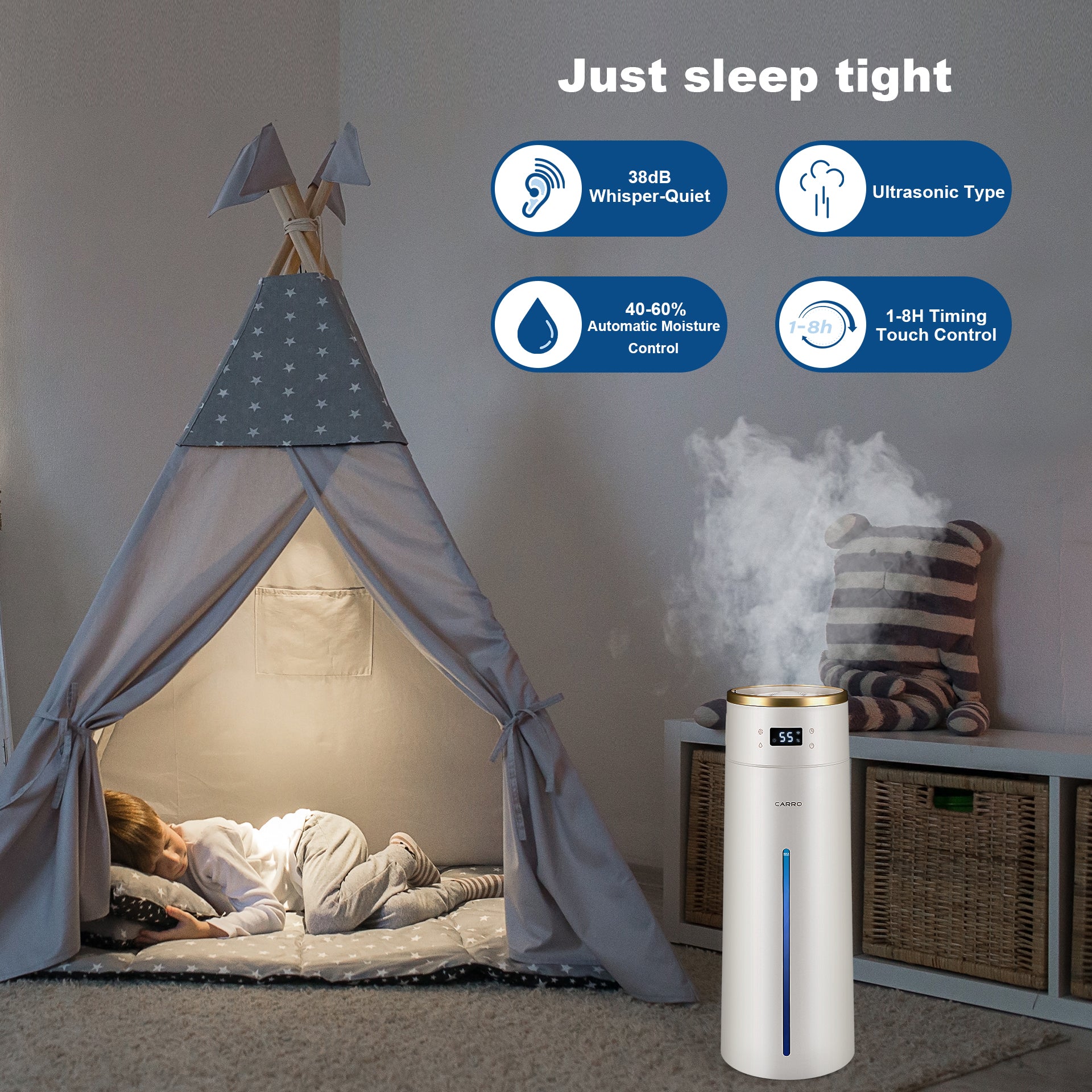 Smart Humidifier 2.1 Gal Top Fill Cool Mist - Large Room Ultrasonic Humidifier for Bedroom, Nursery & Office - Quiet Air Moisturizer for Baby, Plants & Dry Skin Relief