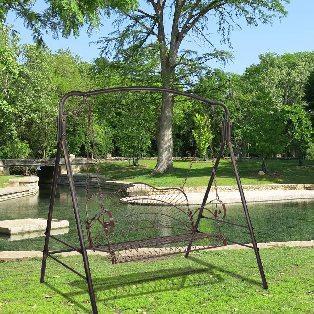 **Rustic Outdoor Patio Swing Bench - 400 lbs Weight Capacity, Dark Brown Hanging Metal Love Seat with Chains - Perfect for Porch, Garden, and Backyard Relaxation**