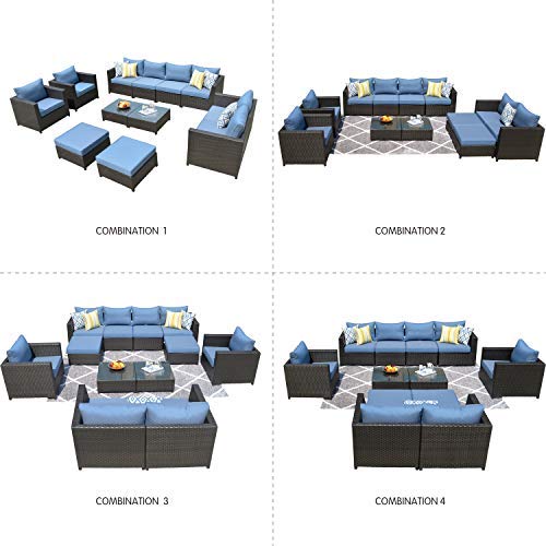 Ovios 12-Piece Patio Furniture Set - Outdoor Wicker Rattan Sofa Set with Blue Cushions, Fully Assembled Brown Rattan Furniture for Garden, Poolside & Backyard Relaxation