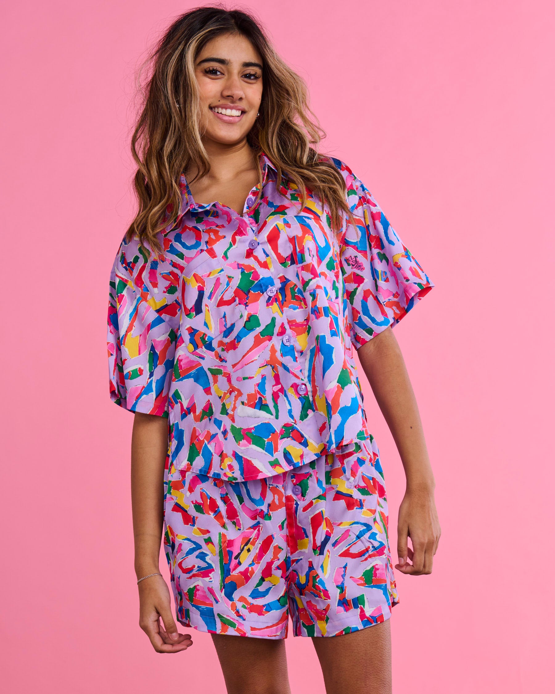 Kip&Co x Jenny Kee Opal Oz Pax Lilac Eco Satin Short Sleeve Shirt & Short Pajama Set - Women's Sustainable Sleepwear for Summer Nights & Lounge Wear