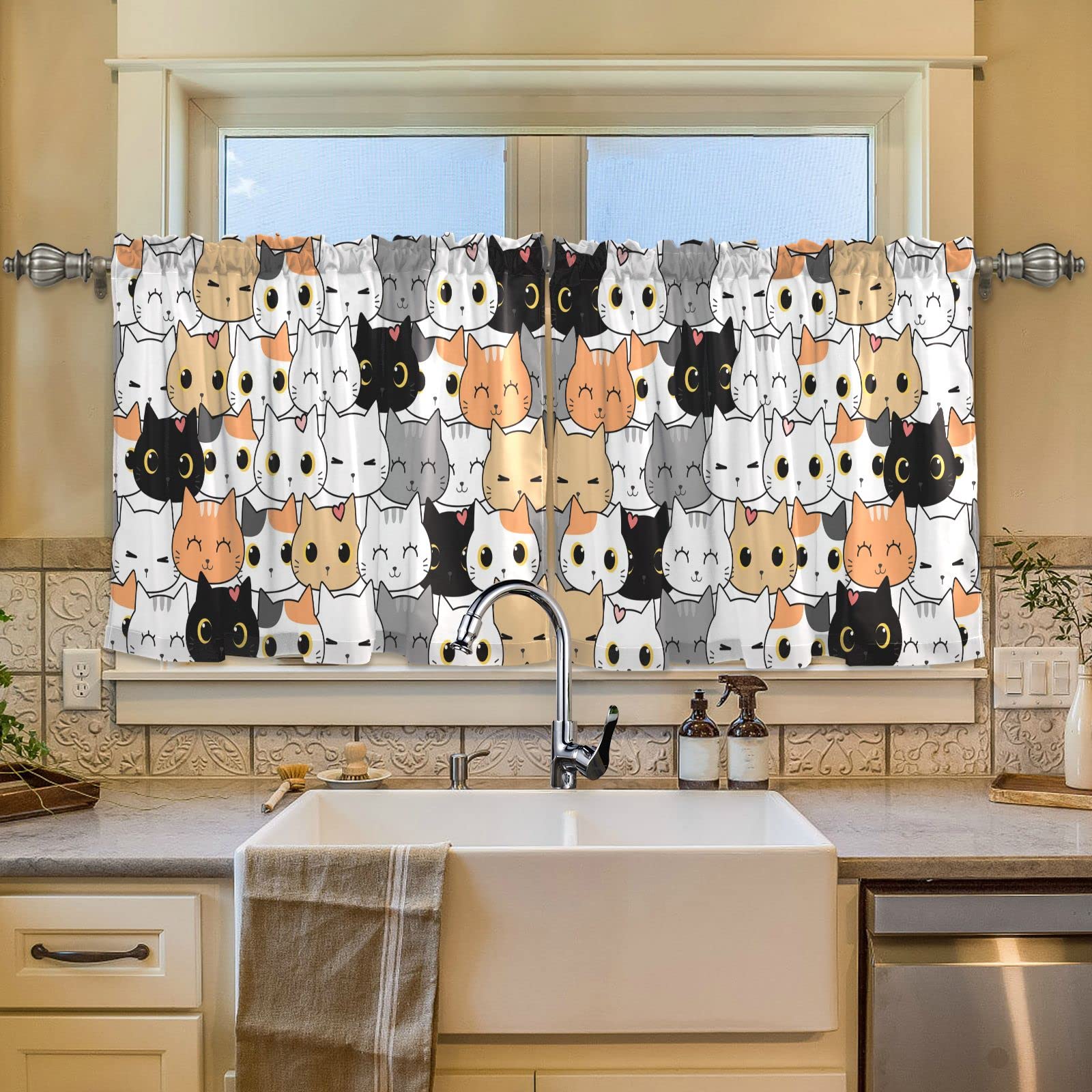 Sinestour Cat Kitten Cartoon Kitchen Curtains - Washable Short Cafe Curtains for Small Windows (57x36 Inch, 2 Panels) - Perfect for Farmhouse, Kitchen, Bathroom & Basement Half Windows | Cute Home Decor & Window Treatment