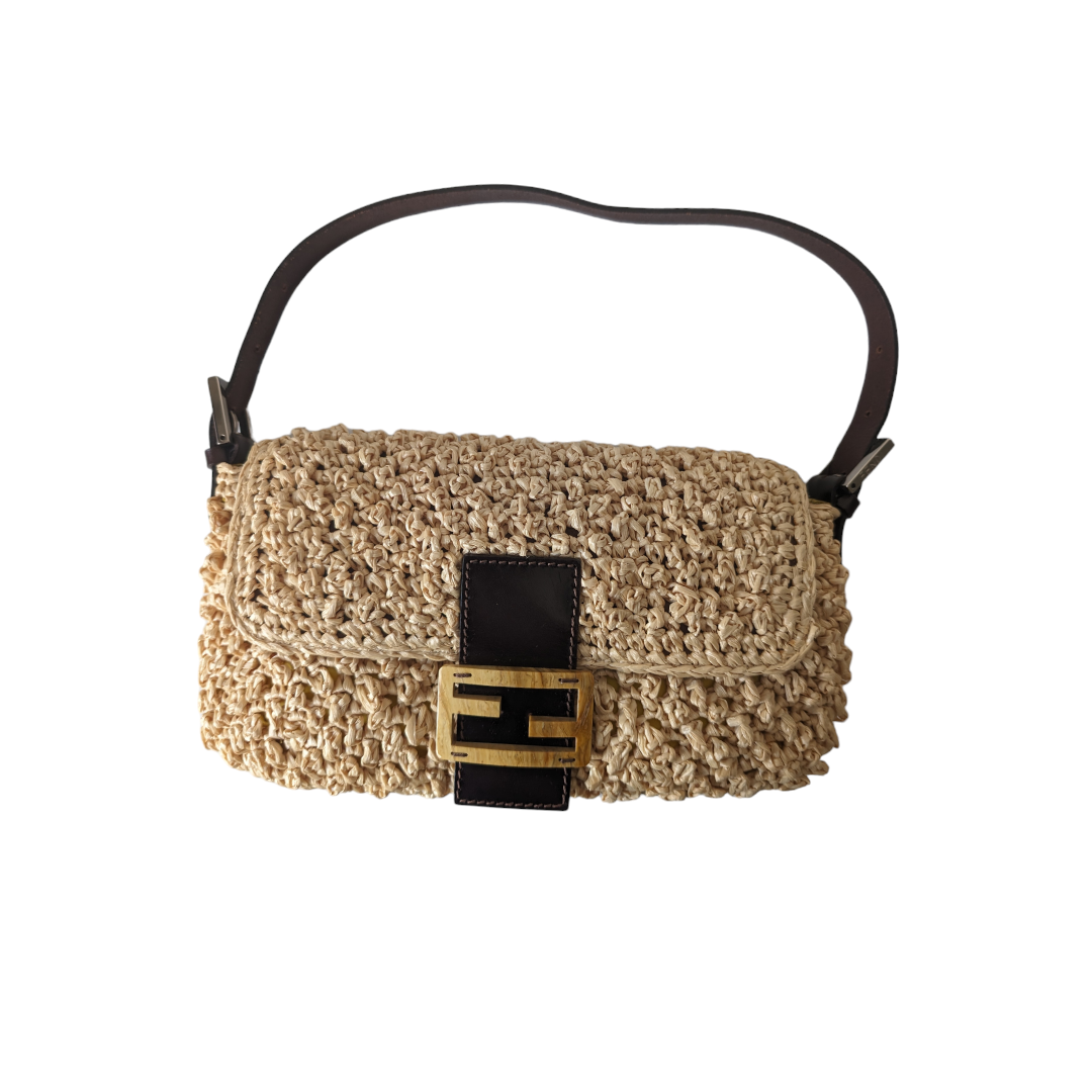 Fendi Raffia Woven Baguette Bag - Luxury Straw Handbag for Women | Perfect for Summer, Beach, and Casual Outings