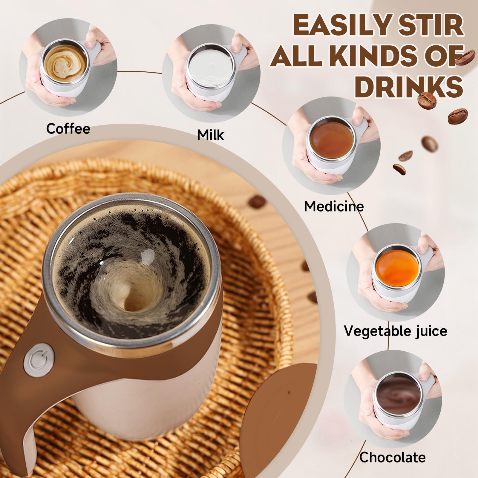 2025 Automatic Magnetic Stirring Coffee Mug - Self Stirring Stainless Steel Travel Mug with Lid for Coffee, Tea & Hot Drinks | Insulated Thermos for Office, Home & Commuting (Brown)