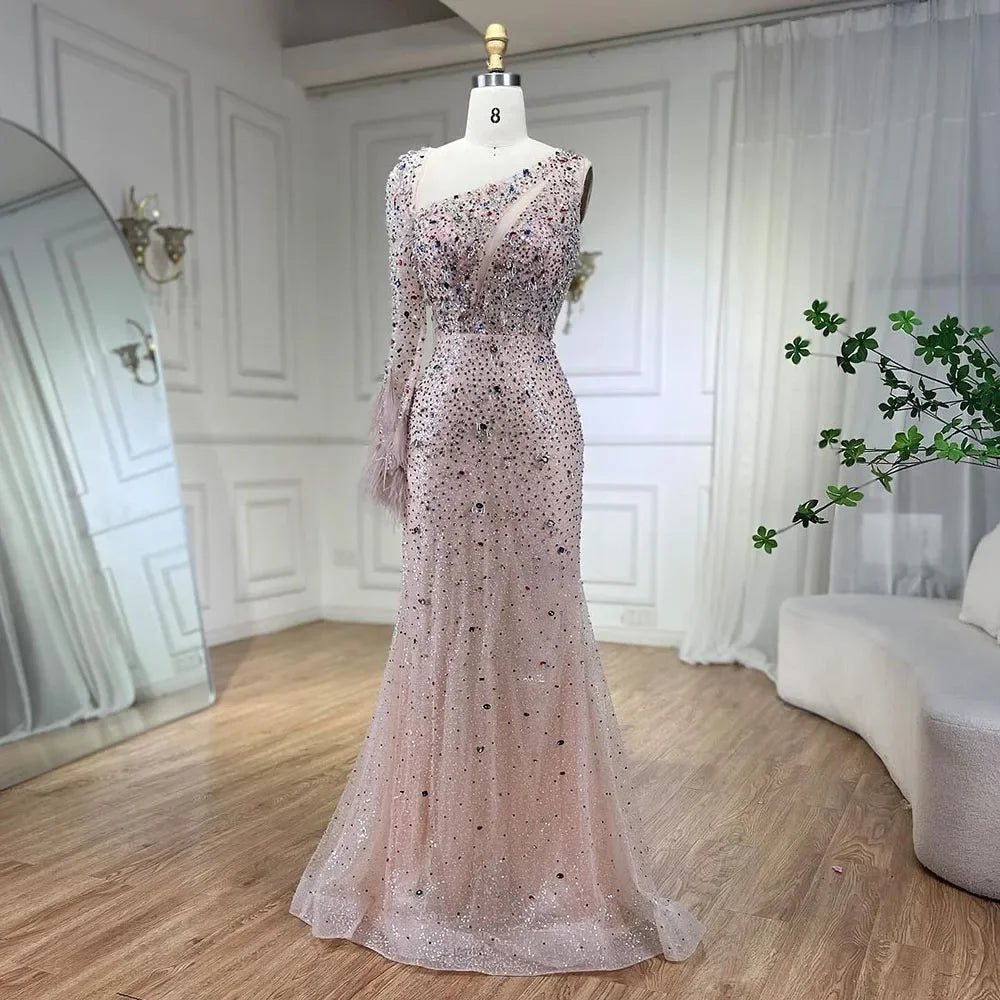 Elegant Pink Mermaid Evening Dress with Crystal Beads & Feather Skirt - Luxury Women's Wedding Party Gown for Prom, Quinceañera & Formal Events 2025 LA72377