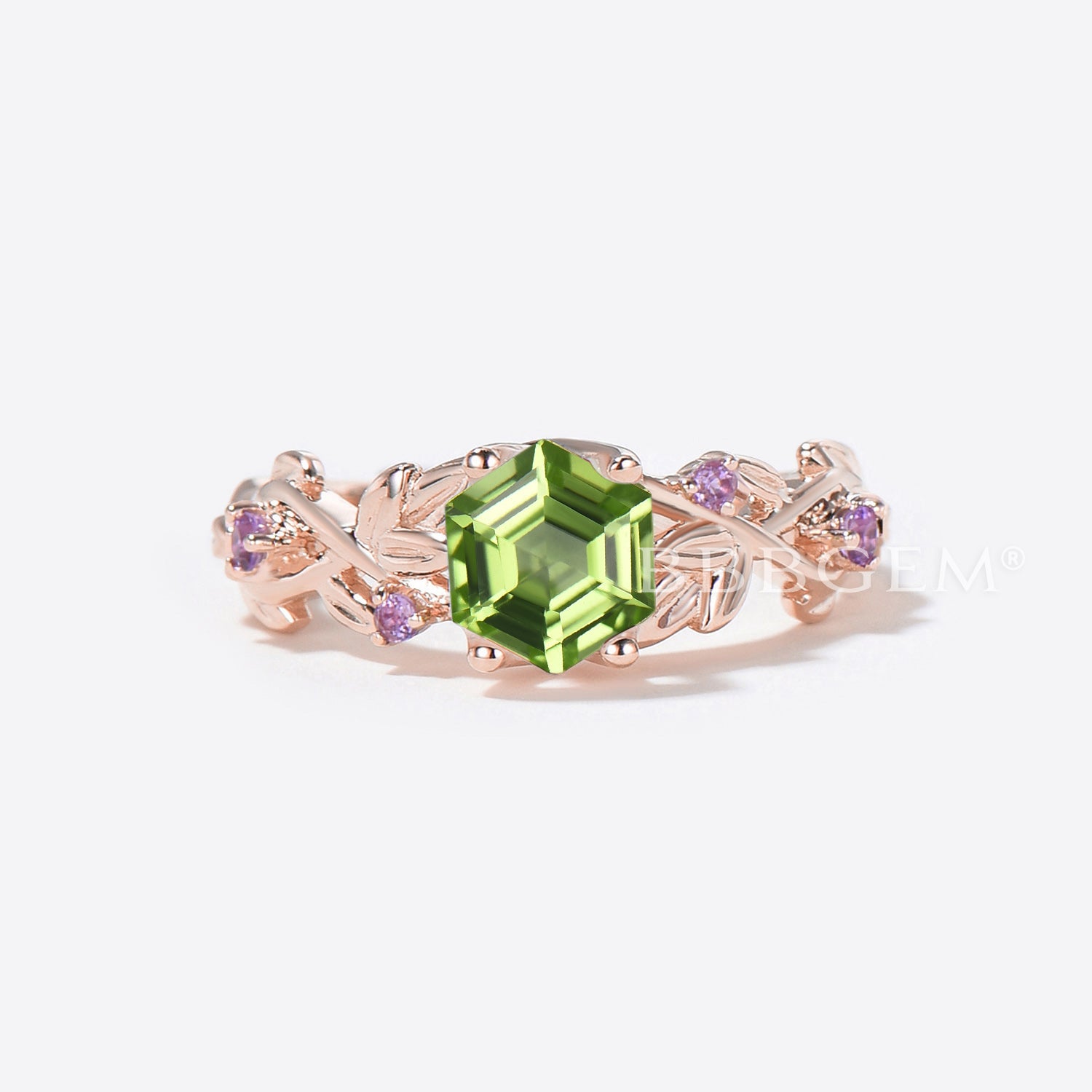 Hexagon Cut Peridot Engagement Ring - Twig Leaf Amethyst Wedding Band for Women, Vintage Style Jewelry Gift for Her - Perfect for Anniversaries, Proposals & Special Occasions