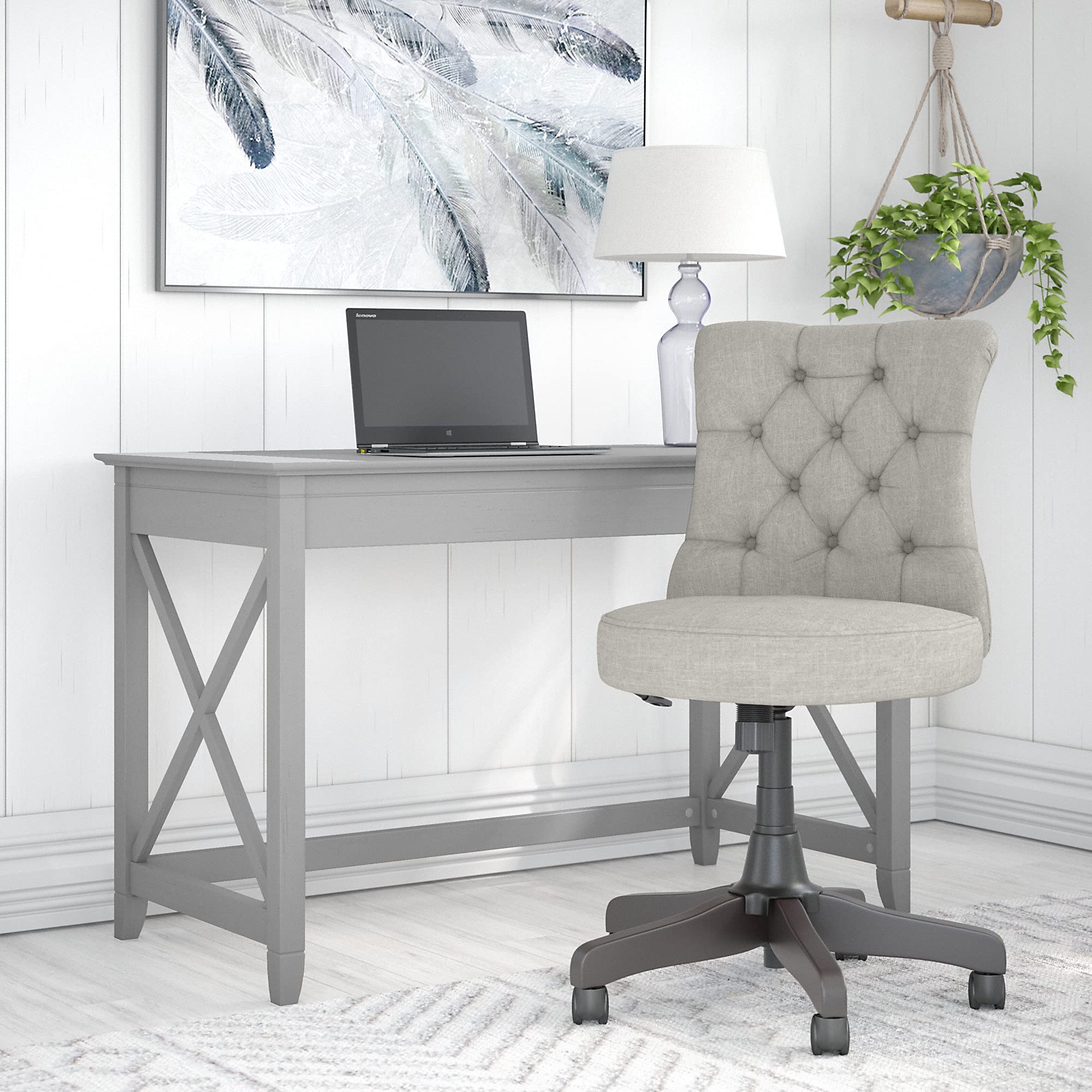 Bush Furniture Key West 48W Writing Desk with Mid Back Tufted Office Chair - Cape Cod Gray | Home Office, Study Room & Small Space Workstation Solution