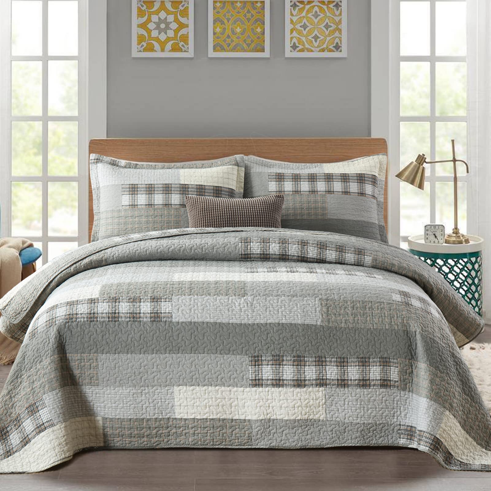 Y-PLWOMEN 100% Cotton Queen Size Quilt Set - Lightweight Reversible Farmhouse Plaid Bedspread (3-Piece) | Grey All-Season Quilted Bedding for Cozy Home Decor | Perfect for Master Bedroom, Guest Room & Farmhouse Style