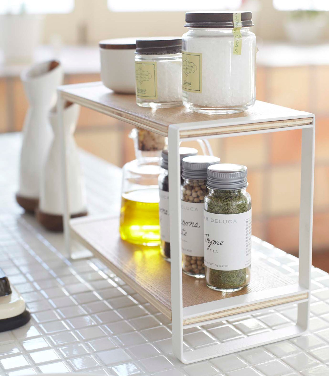 2-Tier Wood and Steel Shelf Riser - Sturdy Kitchen Counter Organizer for Spices, Utensils, and Small Appliances