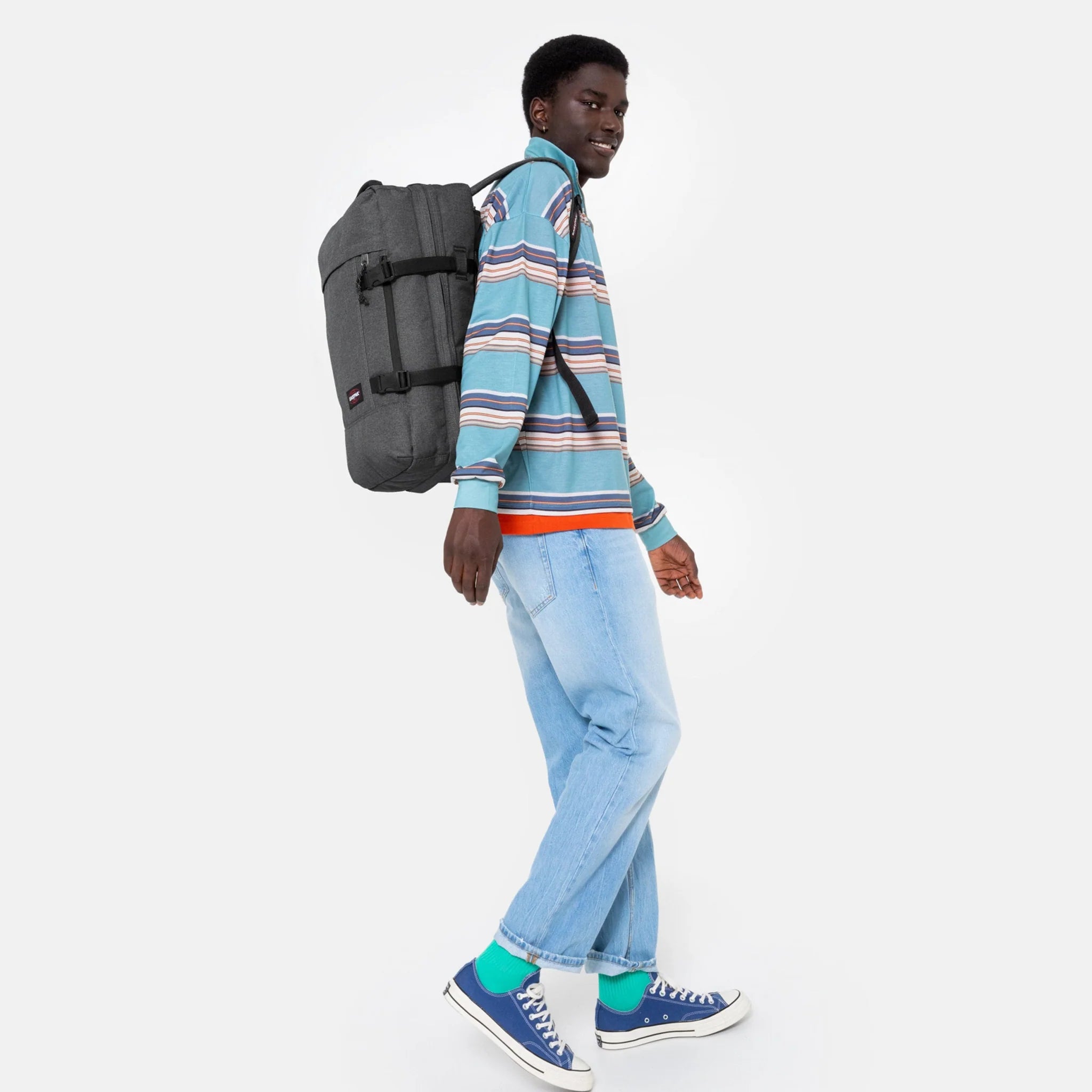 Eastpak Travelpack Backpack - Durable Black Denim for Travel, Work & School | Stylish & Spacious Carry-On for Commuters & Students