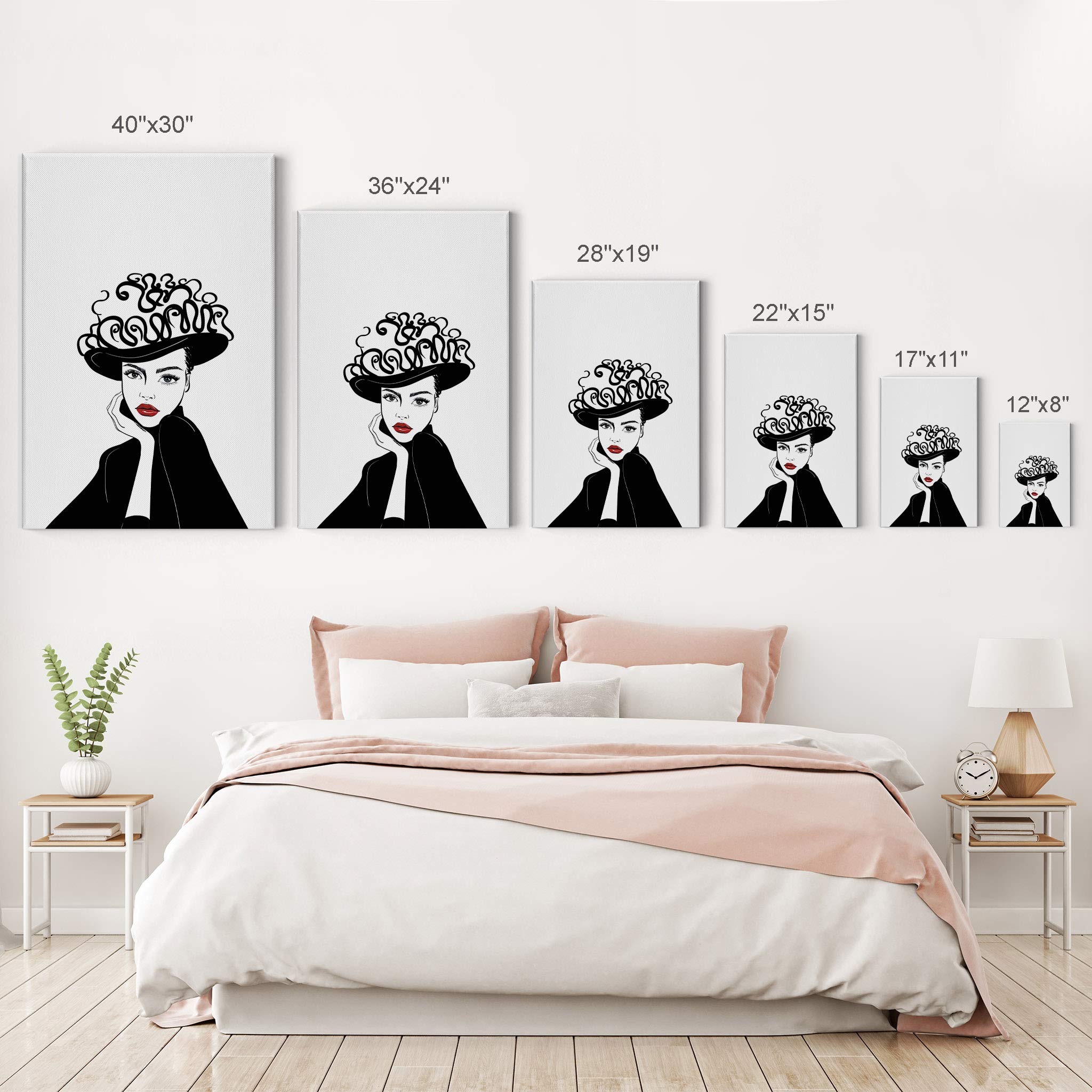 Modern Woman with Black Hat & Red Lips Glam Fashion Canvas Print - Wall Art for Office, Bathroom, Teen Girls Room, Women's Dorm, Bedroom & Living Room Decor - Ready to Hang 40x30 Inches - Perfect for Home & Office Aesthetic Enhancement