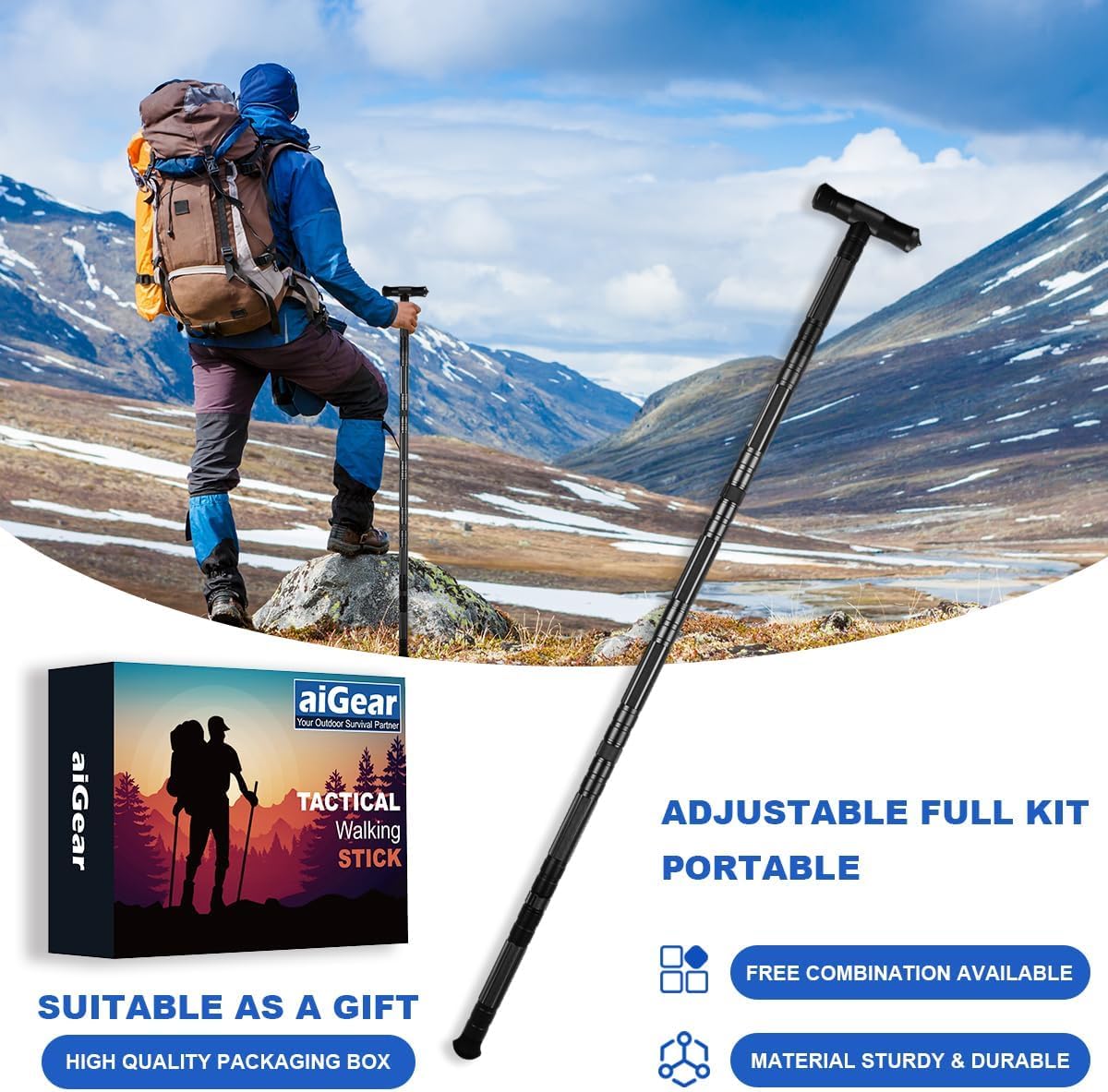 aiGear Tactical Hiking Staff - Adjustable Trekking Pole for Hiking, Camping & Survival | Lightweight Walking Stick for Outdoor Adventures, Mountain Climbing & Backpacking