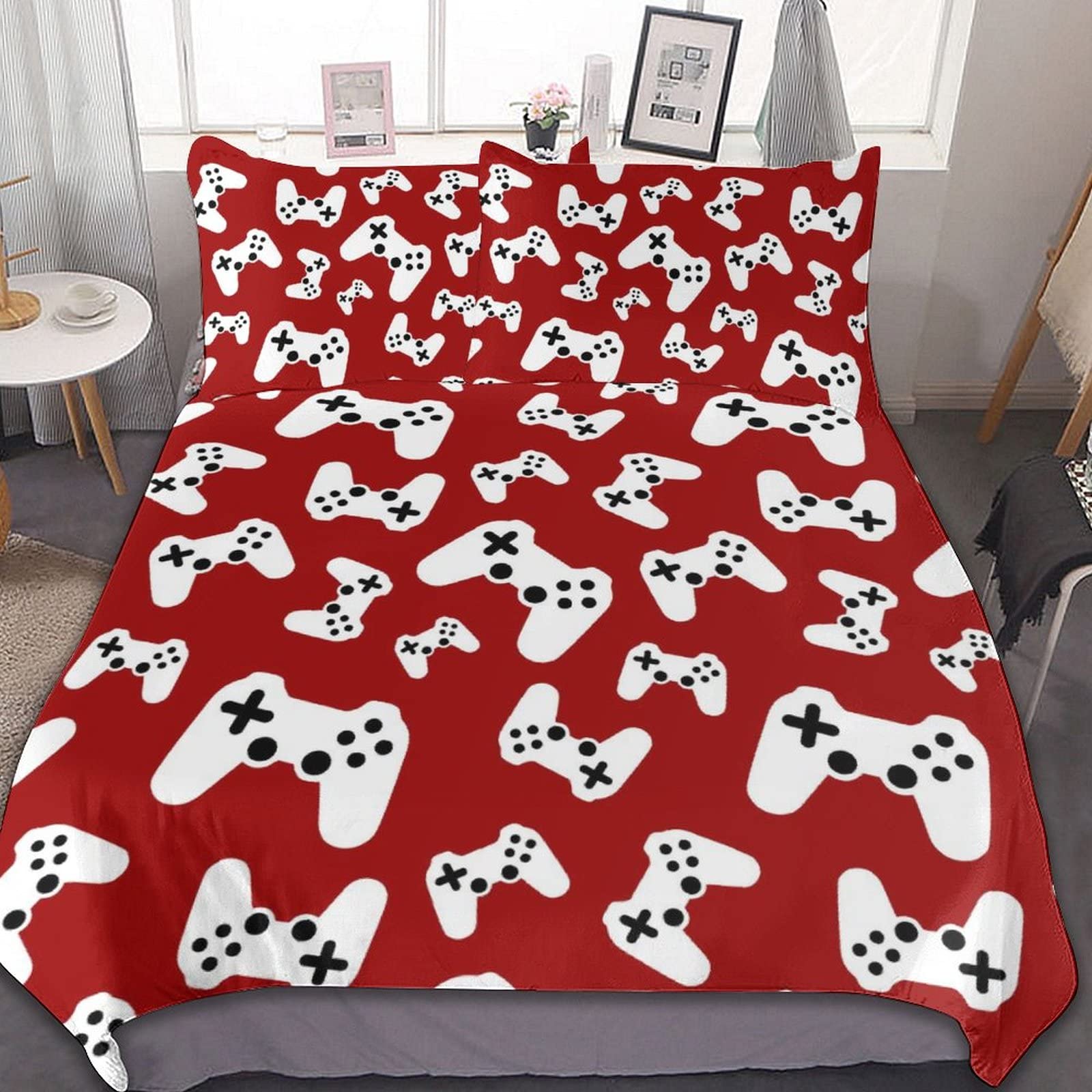 **King Size Velvet Duvet Cover Set - Red Video Game Controller & Weapon Gamer Print, Soft Comforter Quilt Cover for Farmhouse & Hotel Bedding, 3-Piece Set - Perfect for Gamers' Bedrooms & Cozy Home Decor**