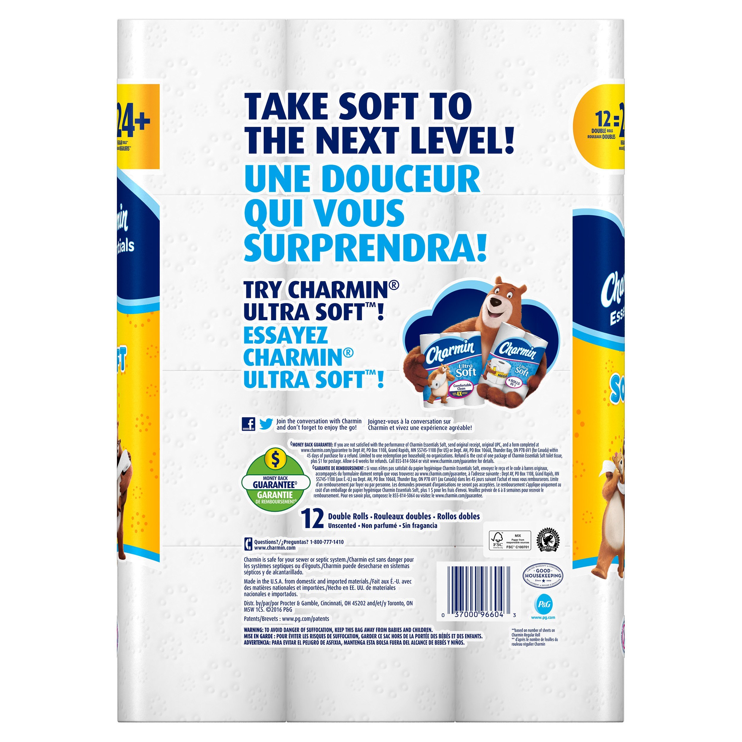 Charmin Essentials Soft Toilet Paper - 12 Double Rolls (24 Regular Rolls) for Bathroom, Home & Office Use